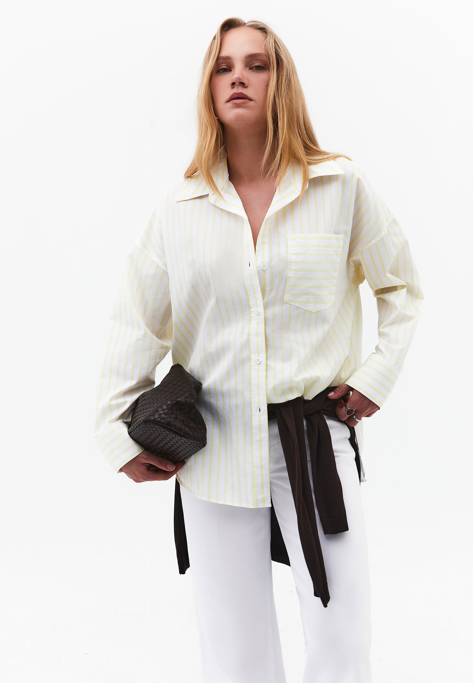 Oversize Shirt Collar Long Sleeve Shirt - YELLOW PEAR STRIPE