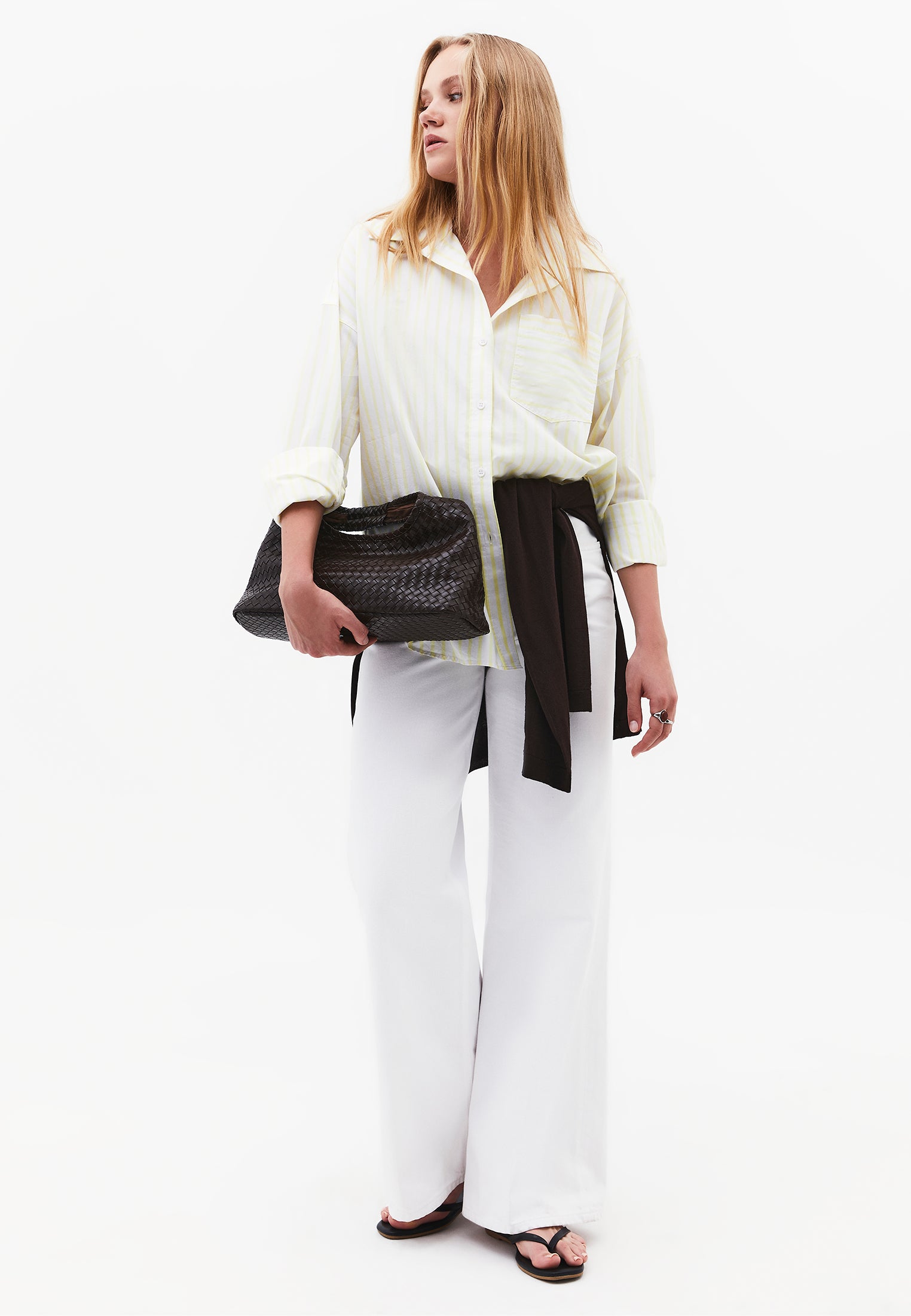 Oversize Shirt Collar Long Sleeve Shirt - YELLOW PEAR STRIPE