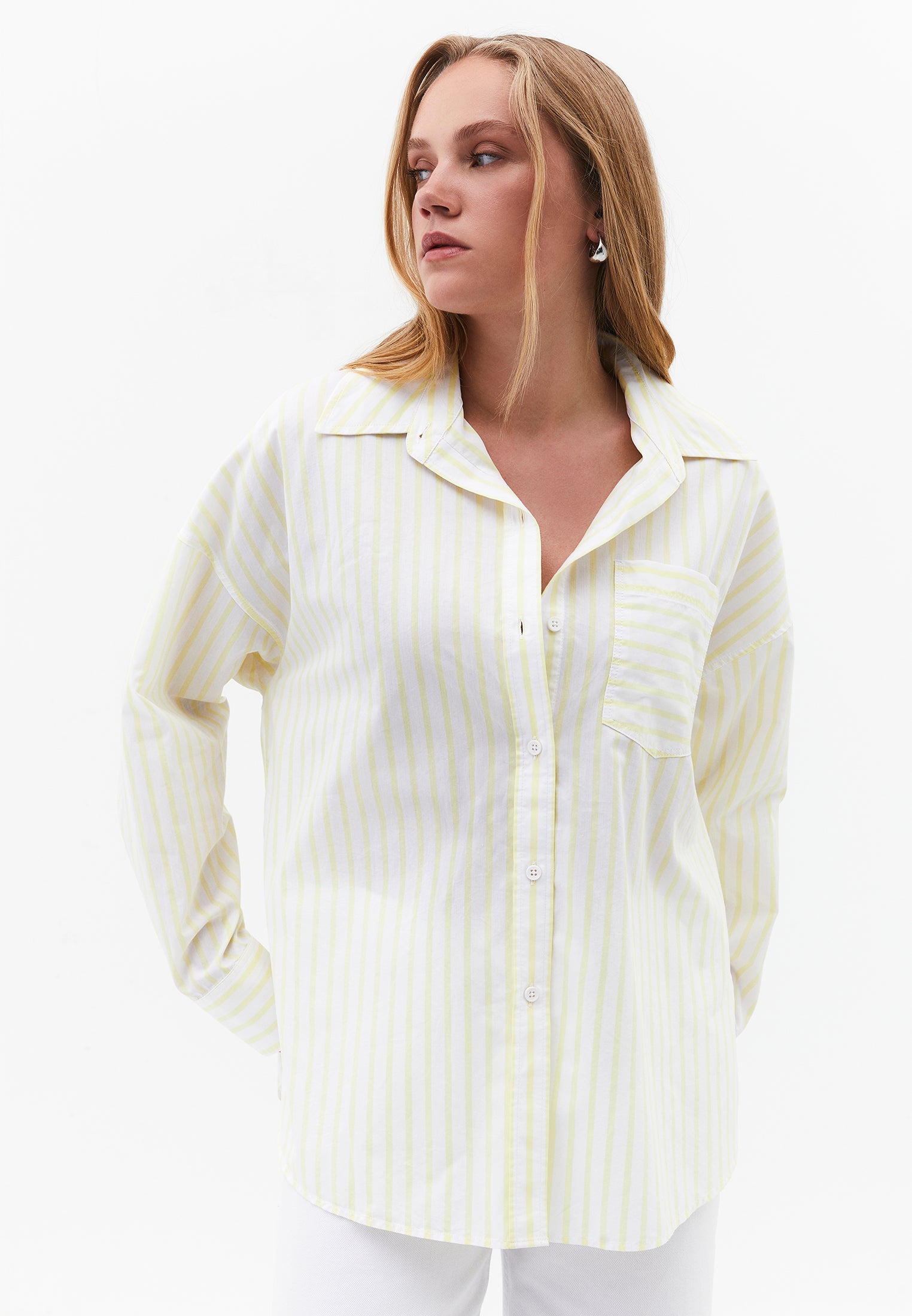 Oversize Shirt Collar Long Sleeve Shirt - YELLOW PEAR STRIPE