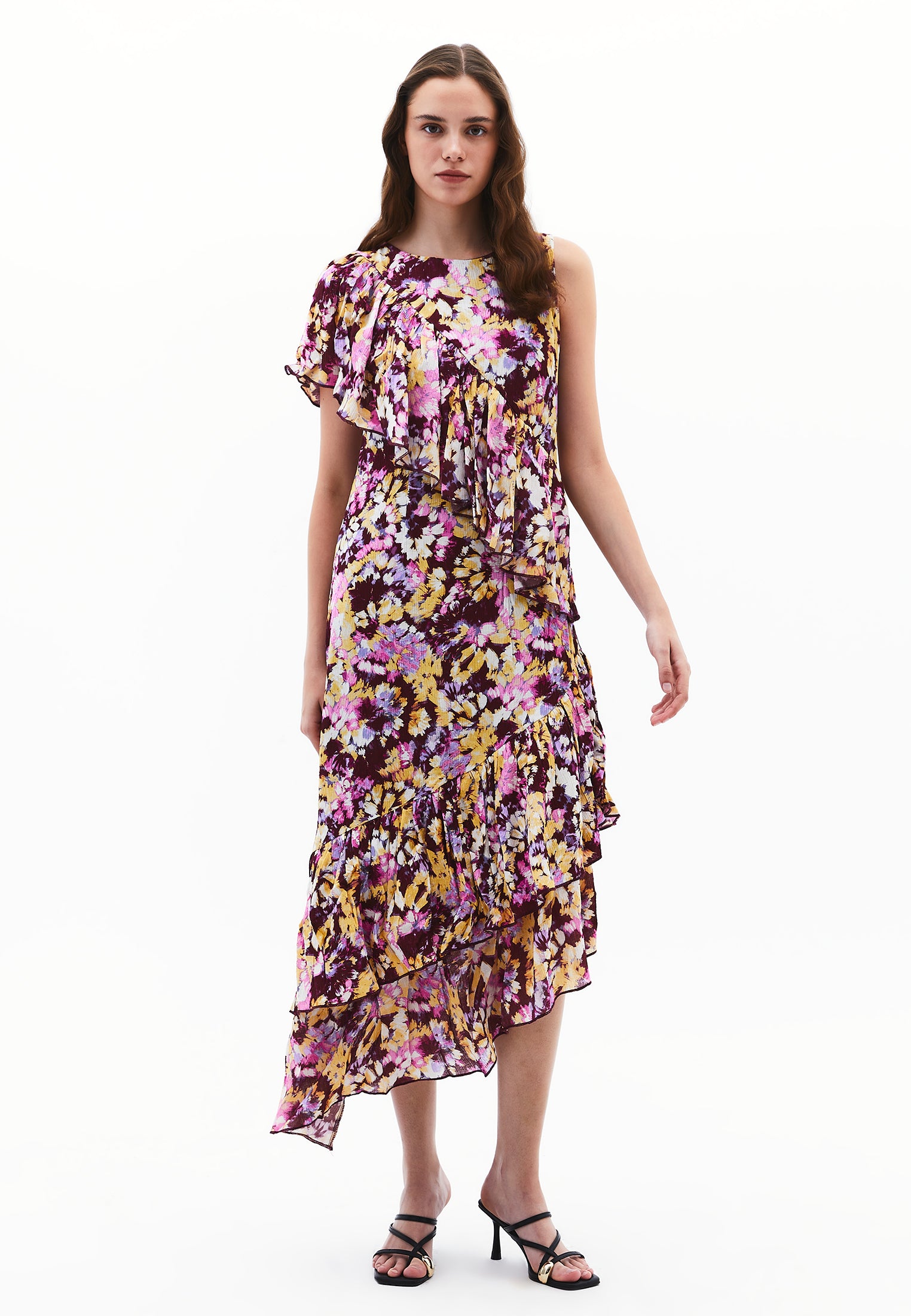 Asymmetric Ruffled Printed Long Dress - ABSTRACT COMB
