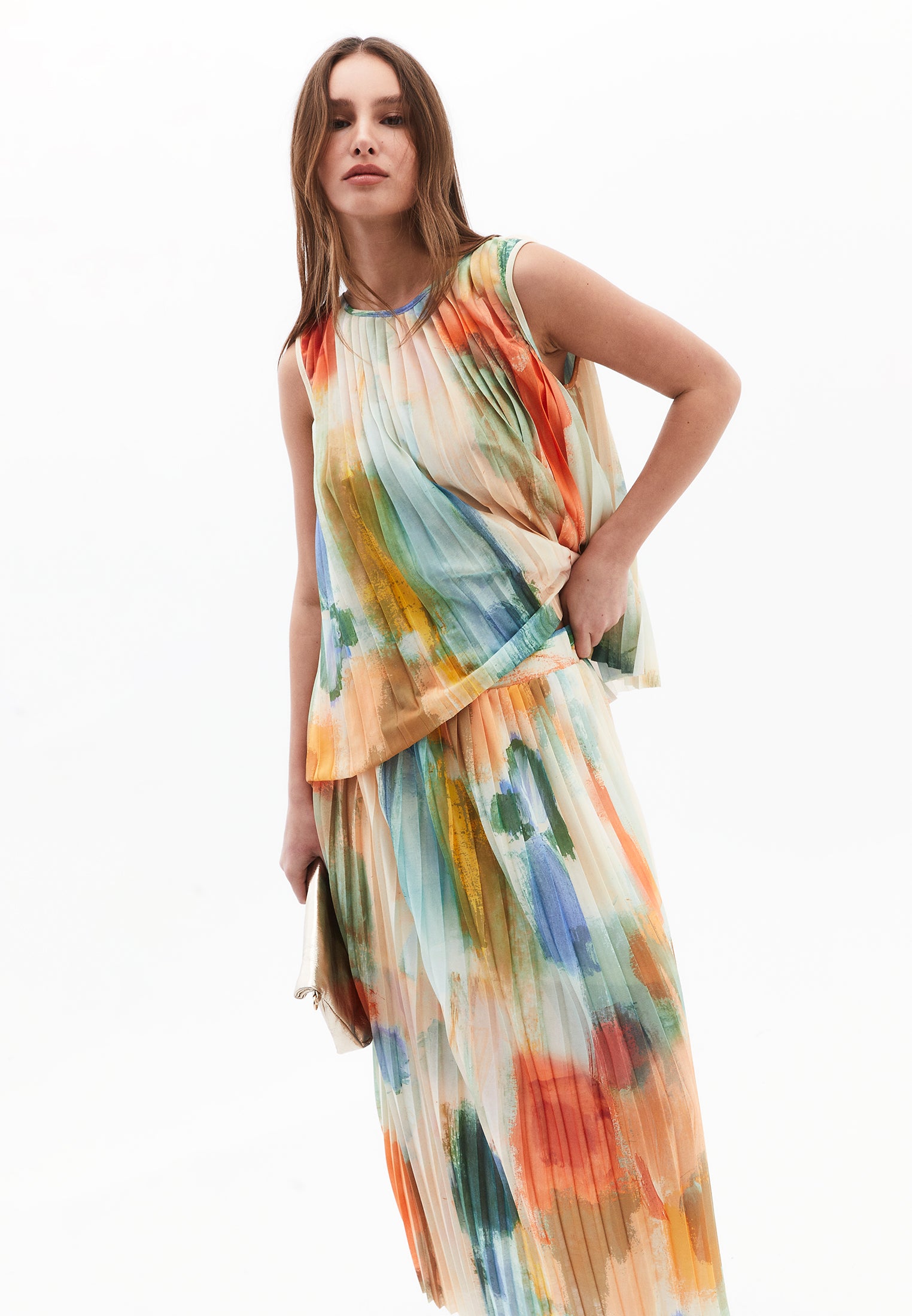 Round Neck Pleated And Printed Loose Blouse - ABSTRACT COMB