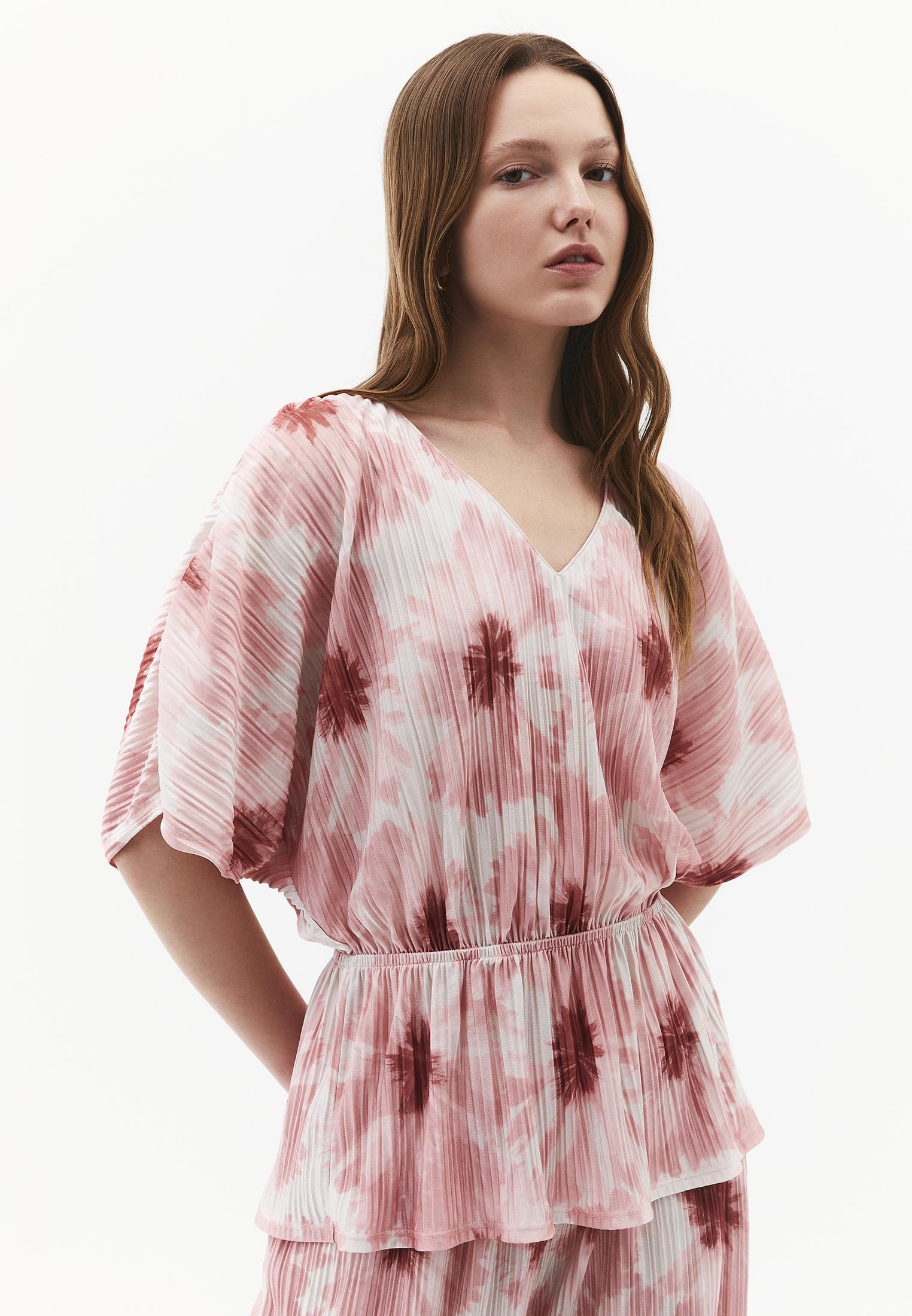V Neck Pleated Printed Blouse - ABSTRACT COMB