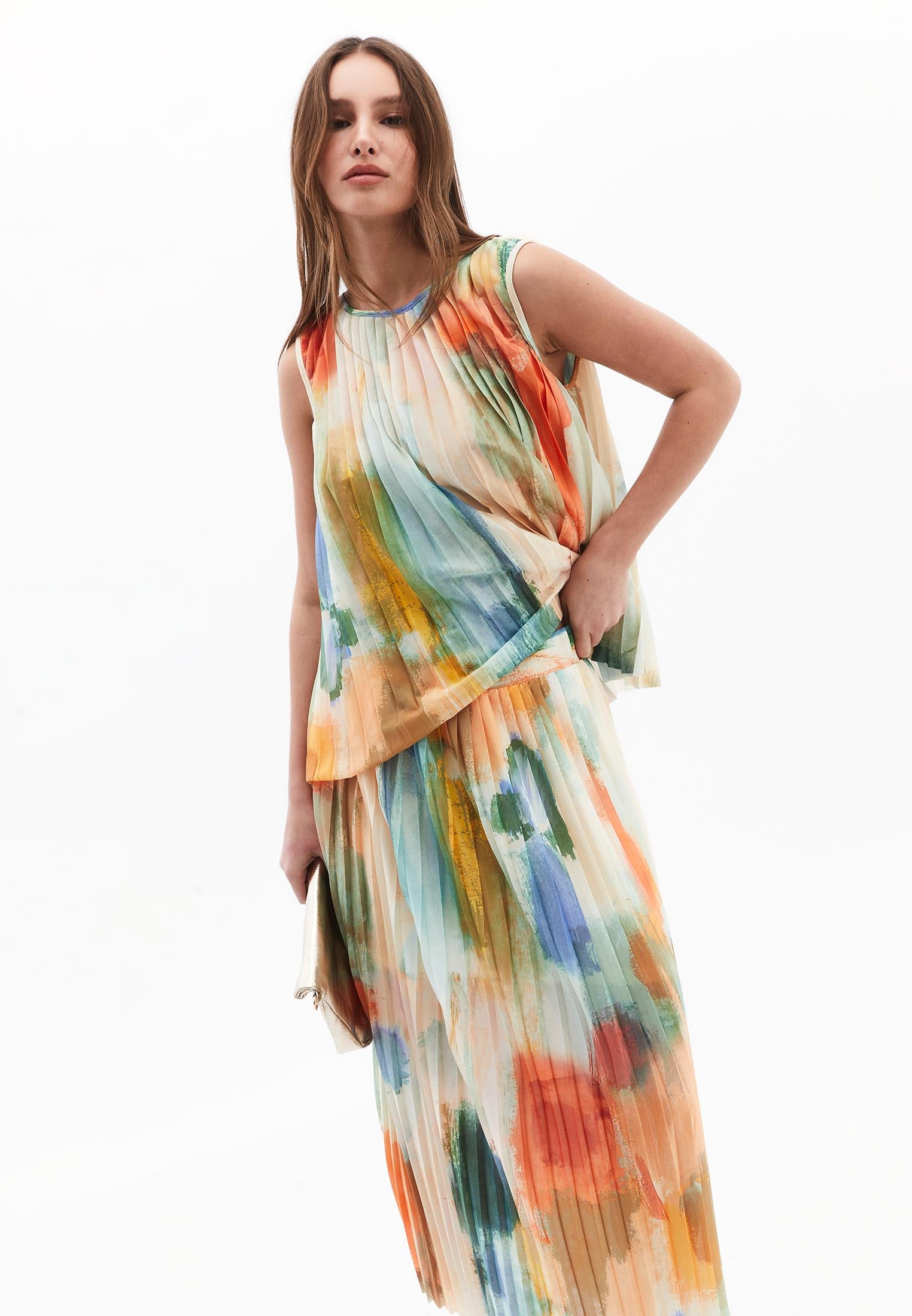 Round Neck Pleated And Printed Loose Blouse - ABSTRACT COMB