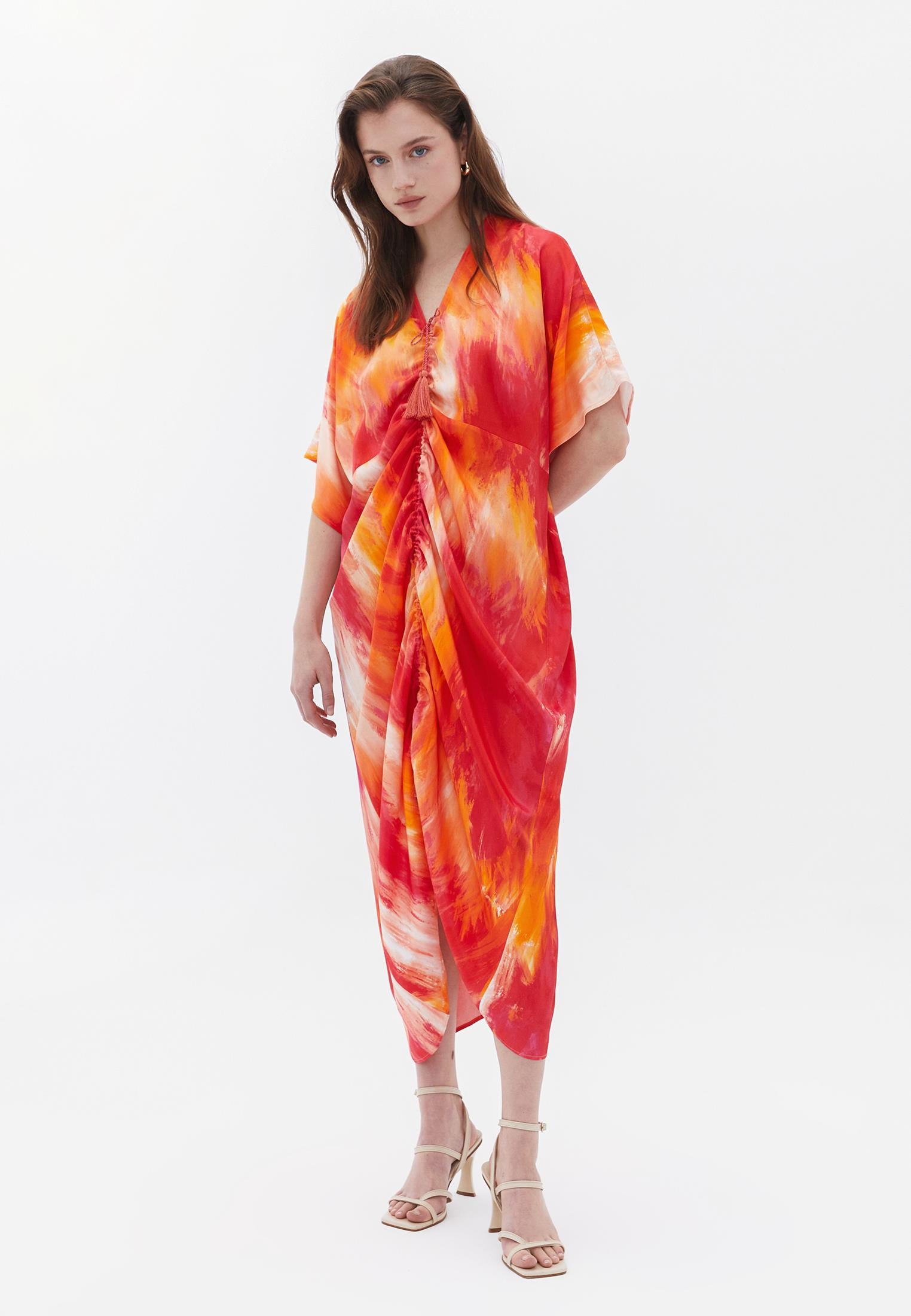 Printed Batwing Sleeve Long Dress - ABSTRACT COMB