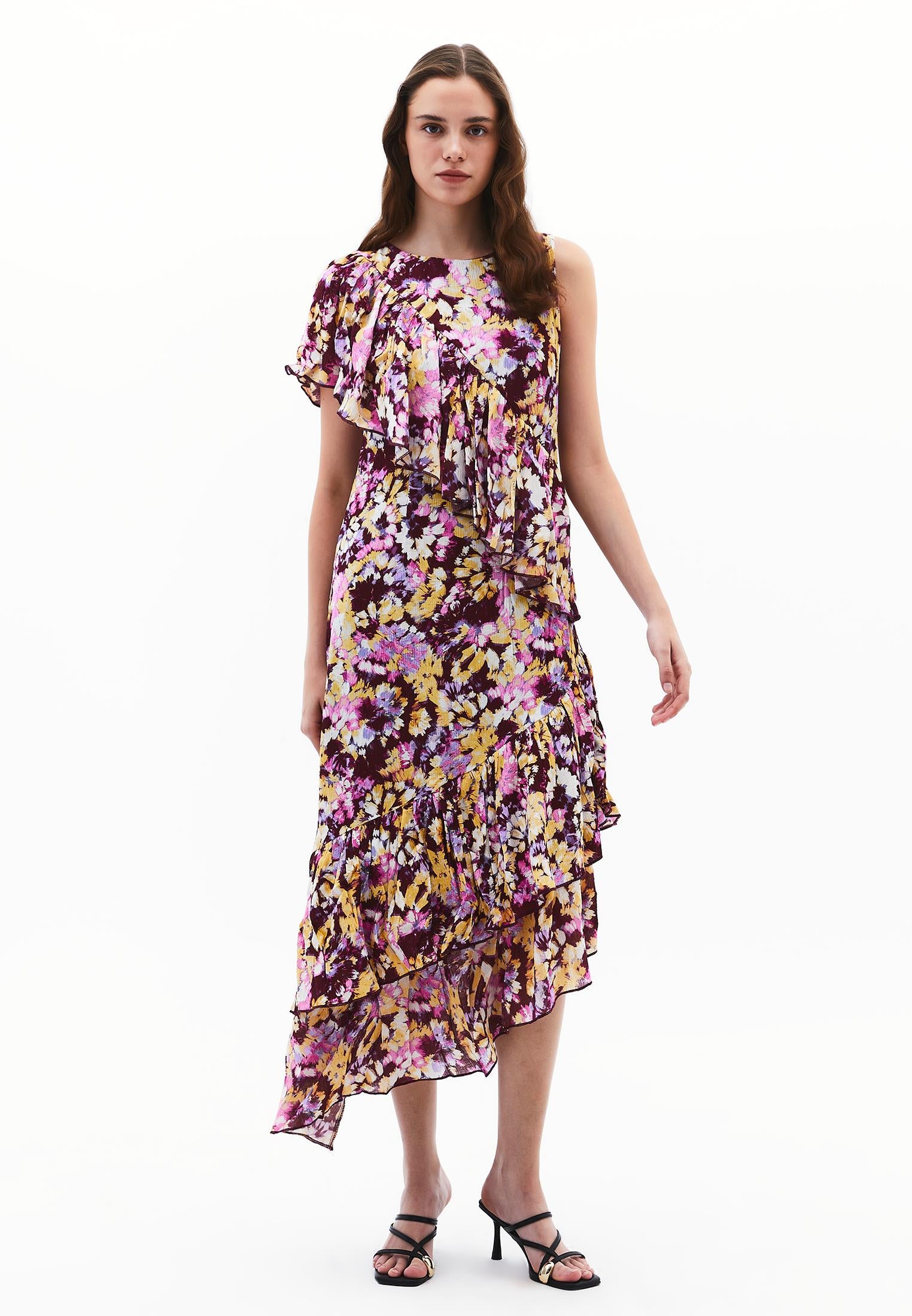Asymmetric Ruffled Printed Long Dress - ABSTRACT COMB
