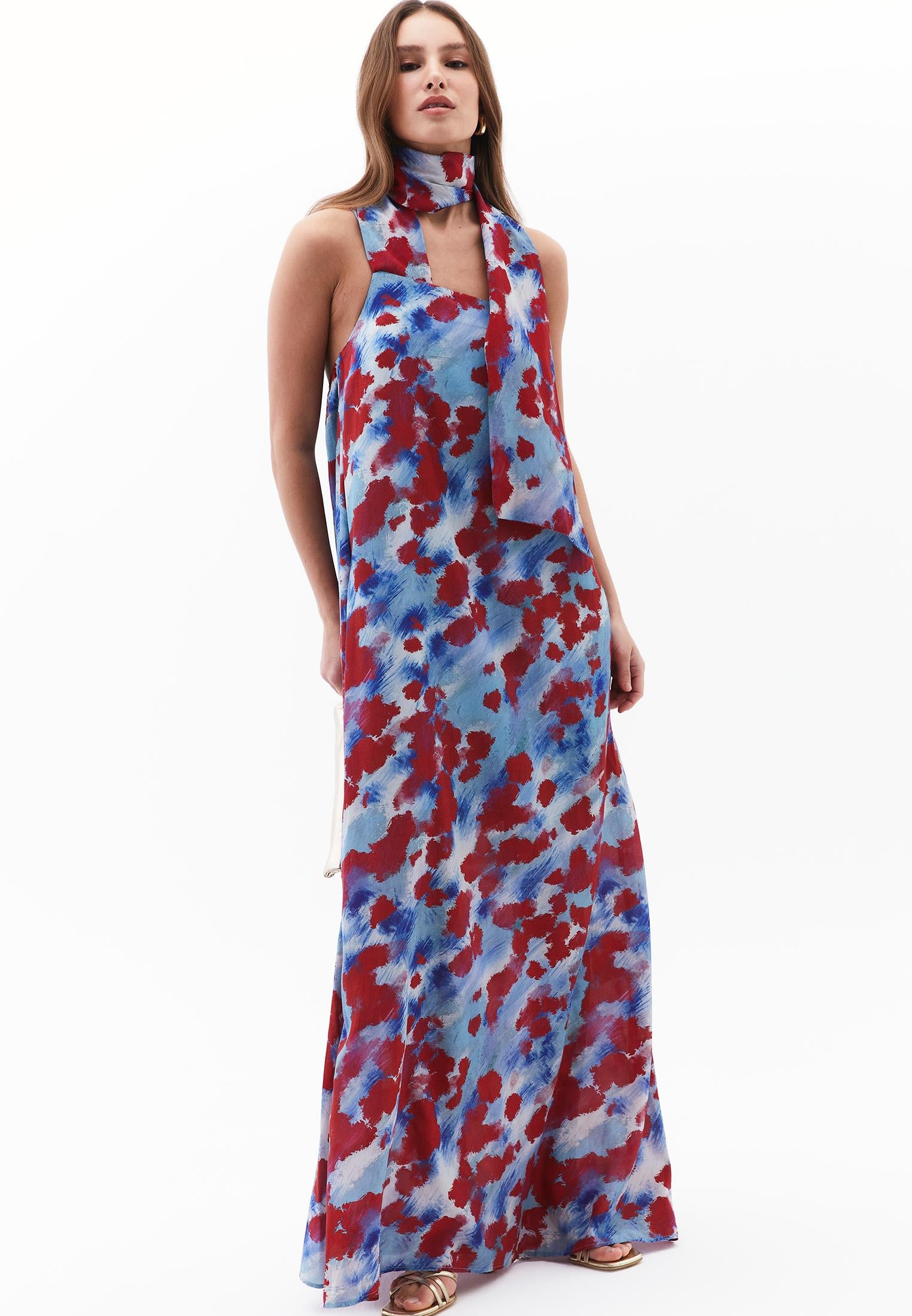 Bow Detailed One Shoulder Printed Long Dress - ABSTRACT COMB