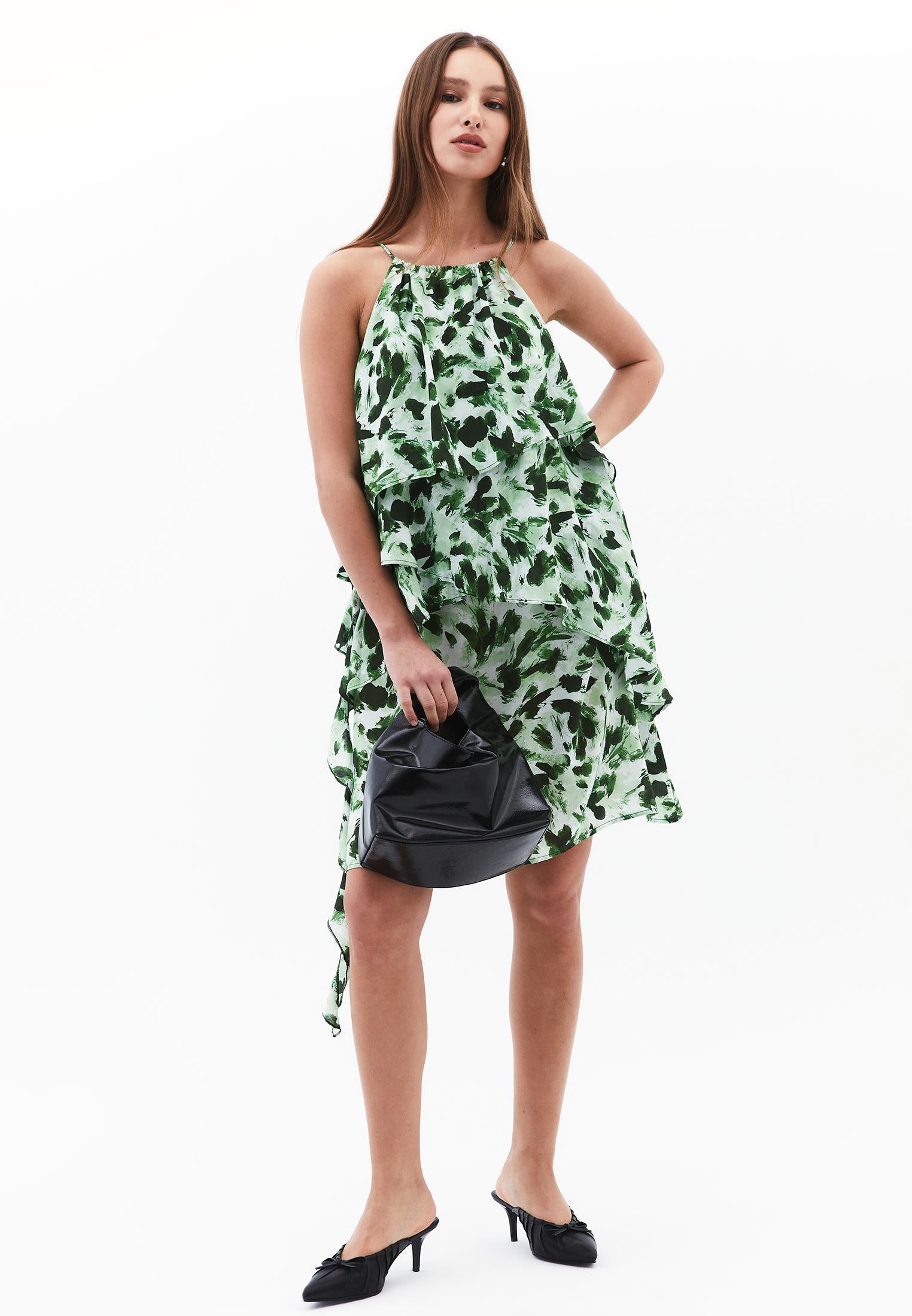 Halter Neck Flared Printed Short Dress - ABSTRACT COMB