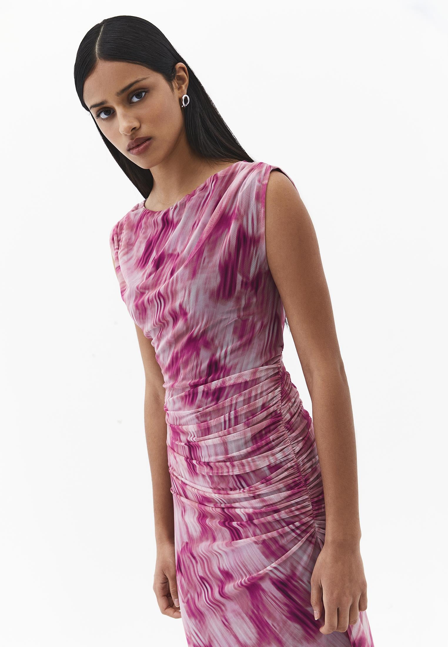 Bodycon Off Shoulder Ruched Long Dress - ABSTRACT COMB