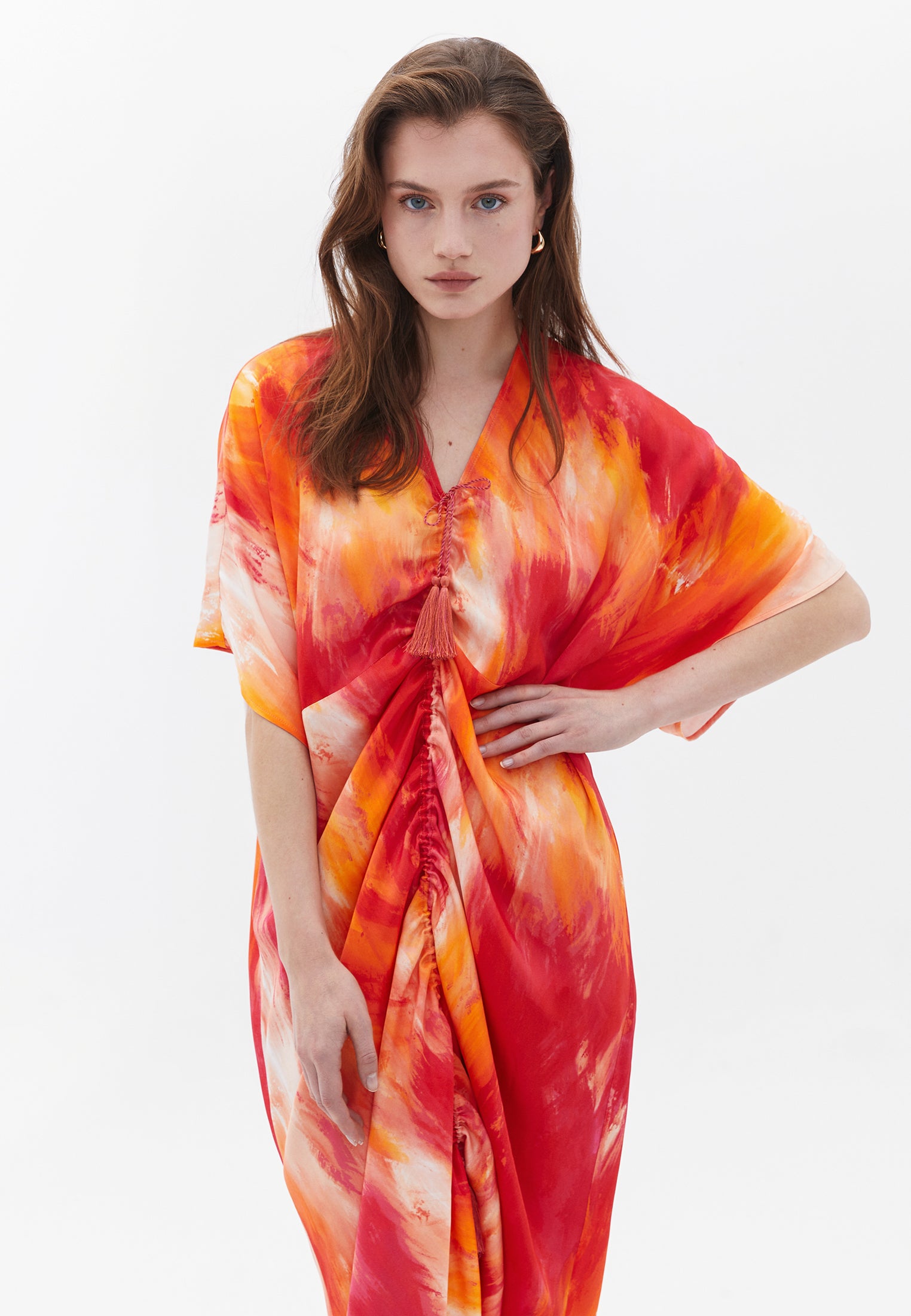 Printed Batwing Sleeve Long Dress - ABSTRACT COMB