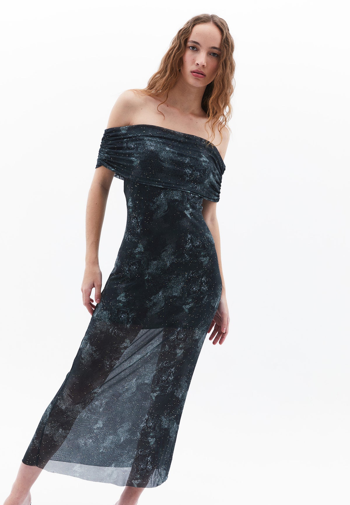 Low Shoulder Long Bodycon Dress - ABSTRACT COMB