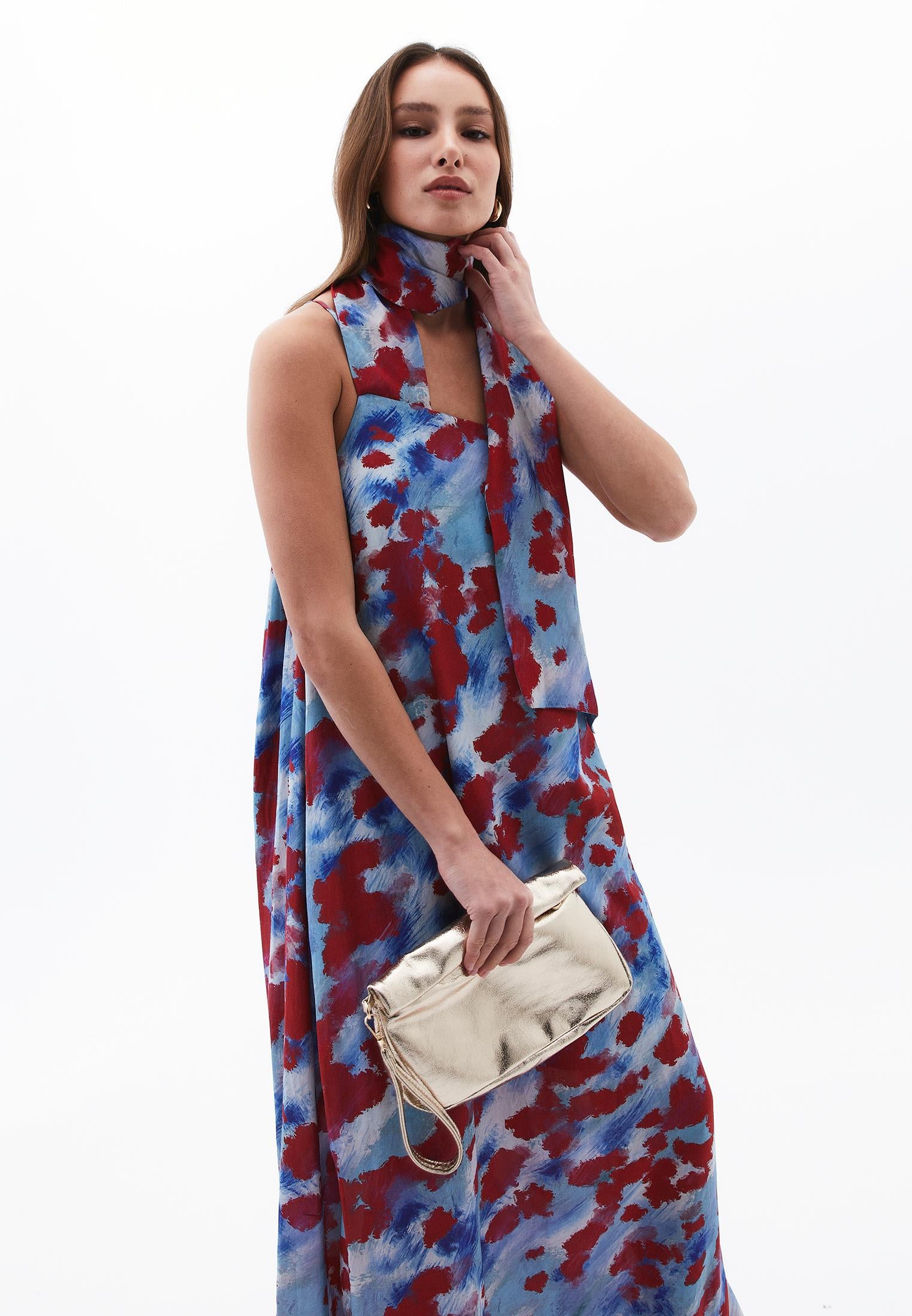 Bow Detailed One Shoulder Printed Long Dress - ABSTRACT COMB