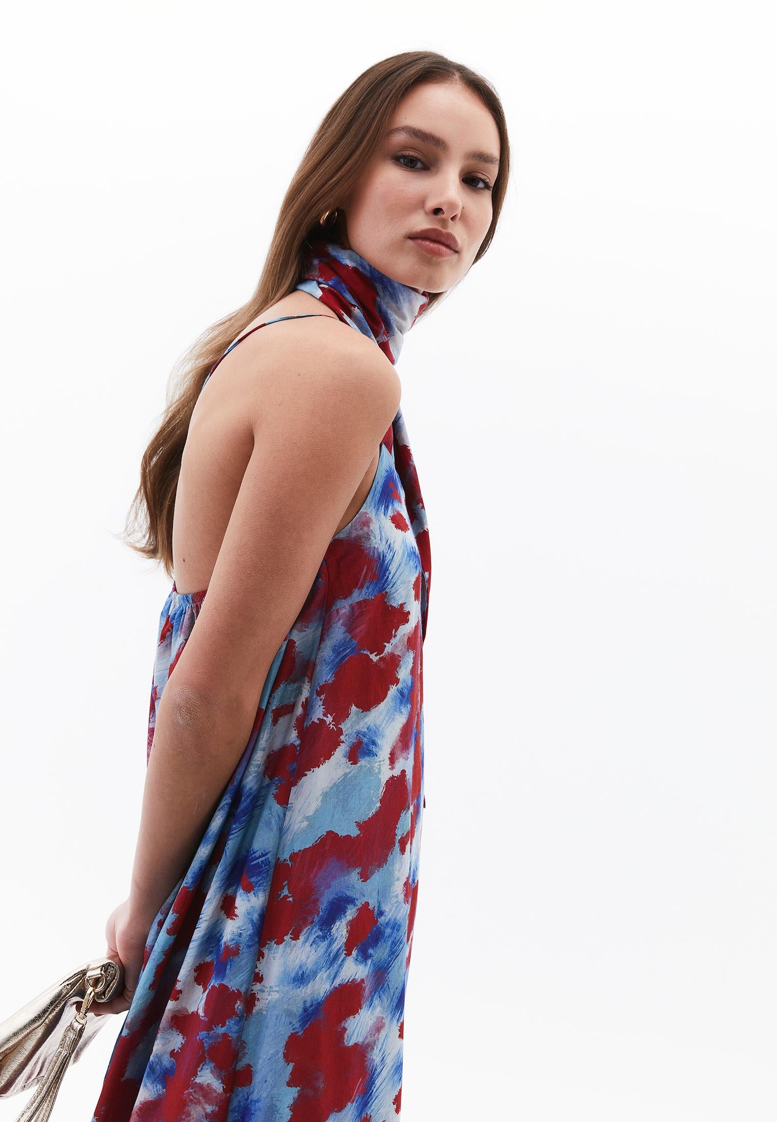 Bow Detailed One Shoulder Printed Long Dress - ABSTRACT COMB