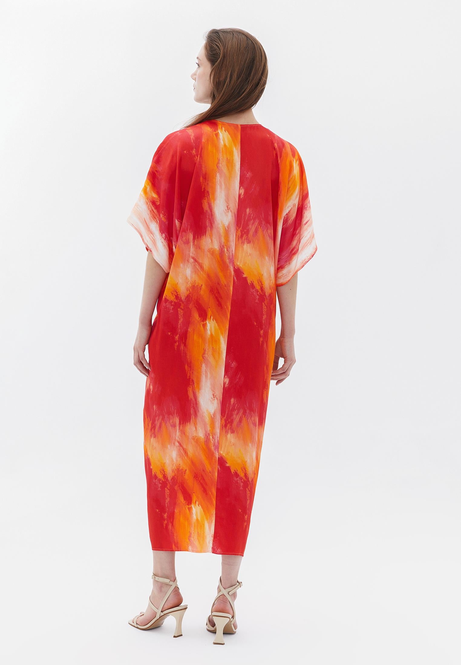 Printed Batwing Sleeve Long Dress - ABSTRACT COMB