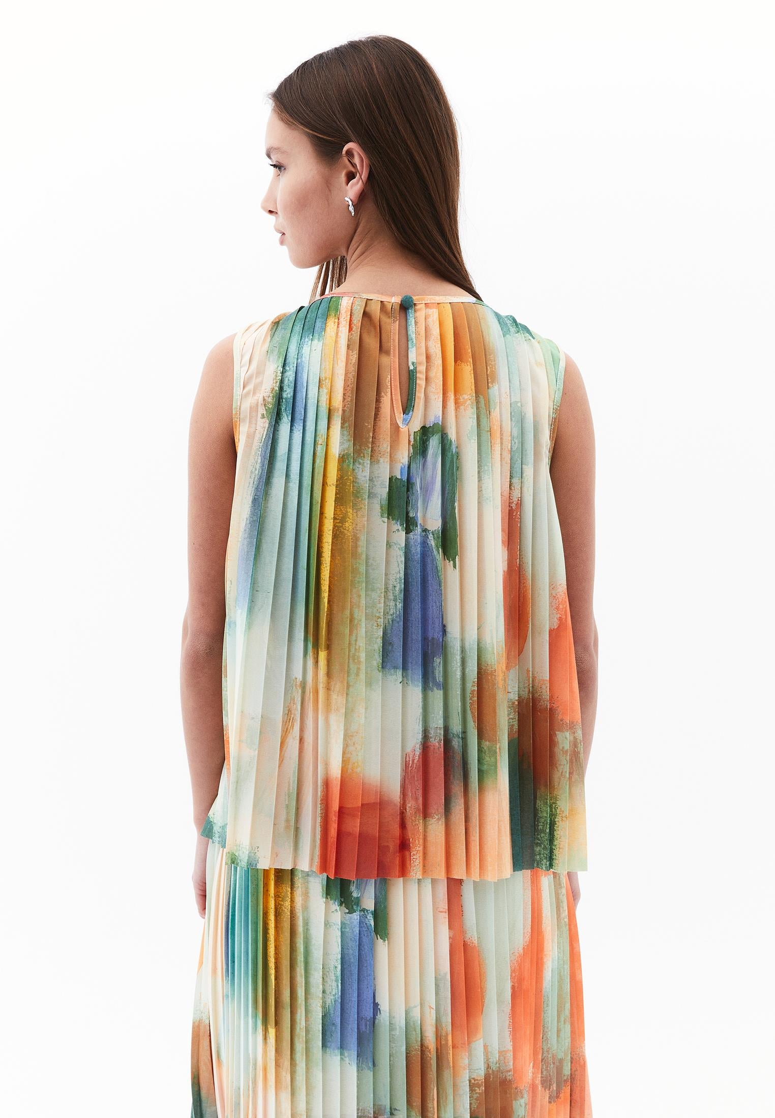 Round Neck Pleated And Printed Loose Blouse - ABSTRACT COMB