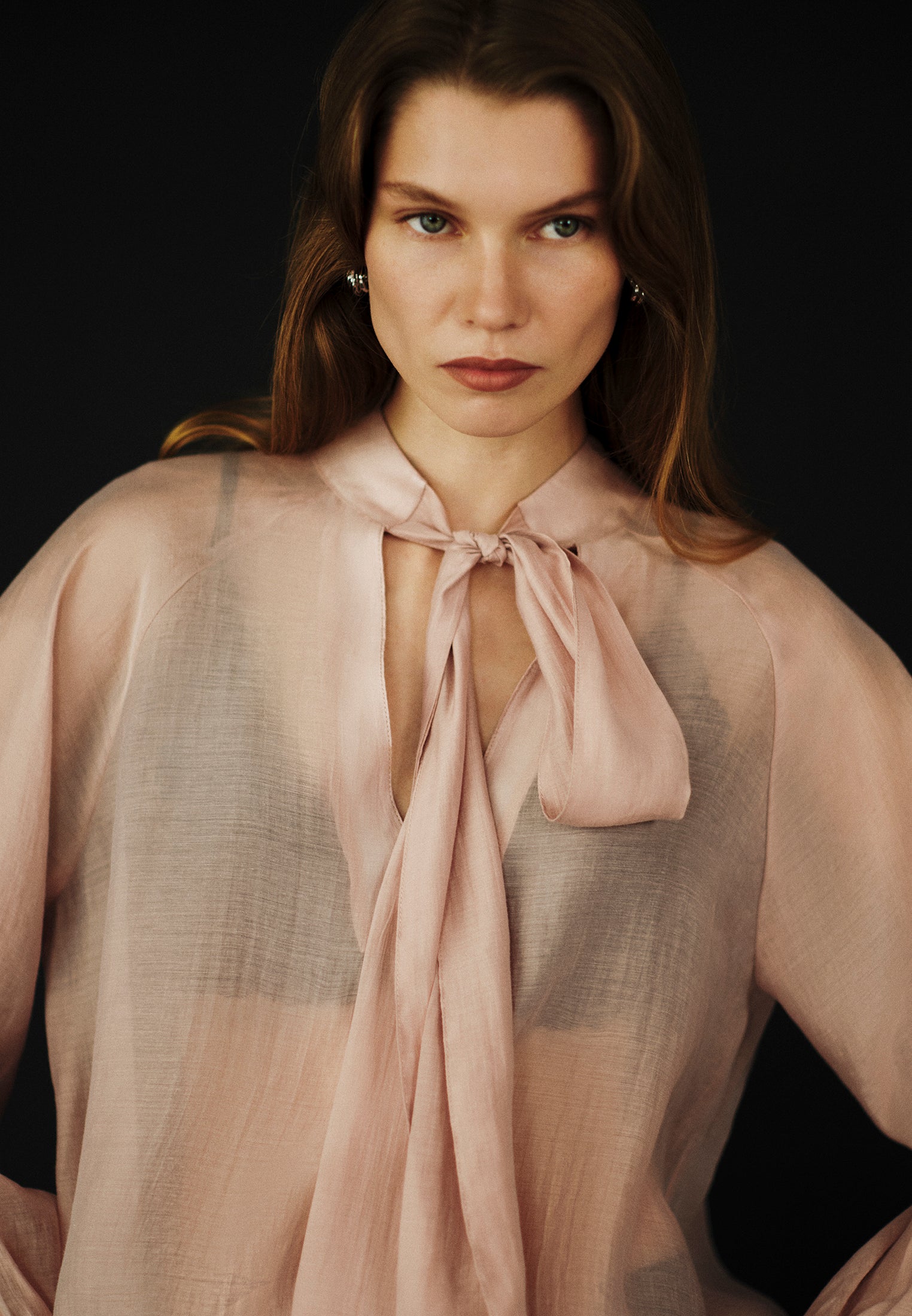 Deep V Neck Tie Blouse - ADOBE ROSE