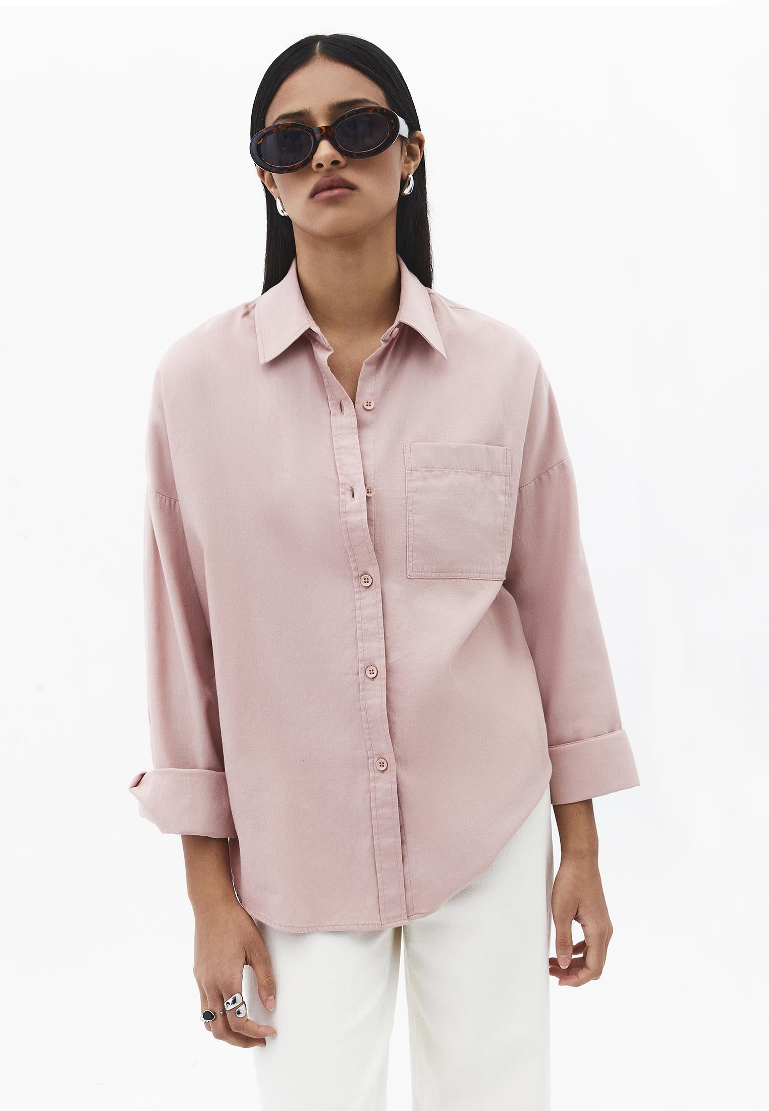 Oversize Long Sleeve Shirt With Pocket Detail - ADOBE ROSE