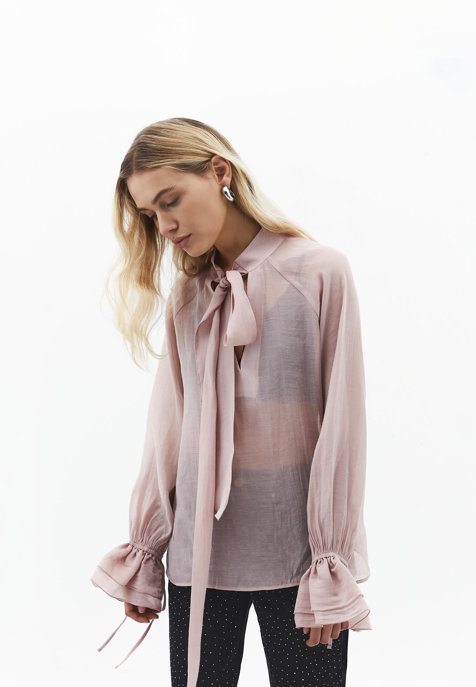 Deep V Neck Tie Blouse - ADOBE ROSE