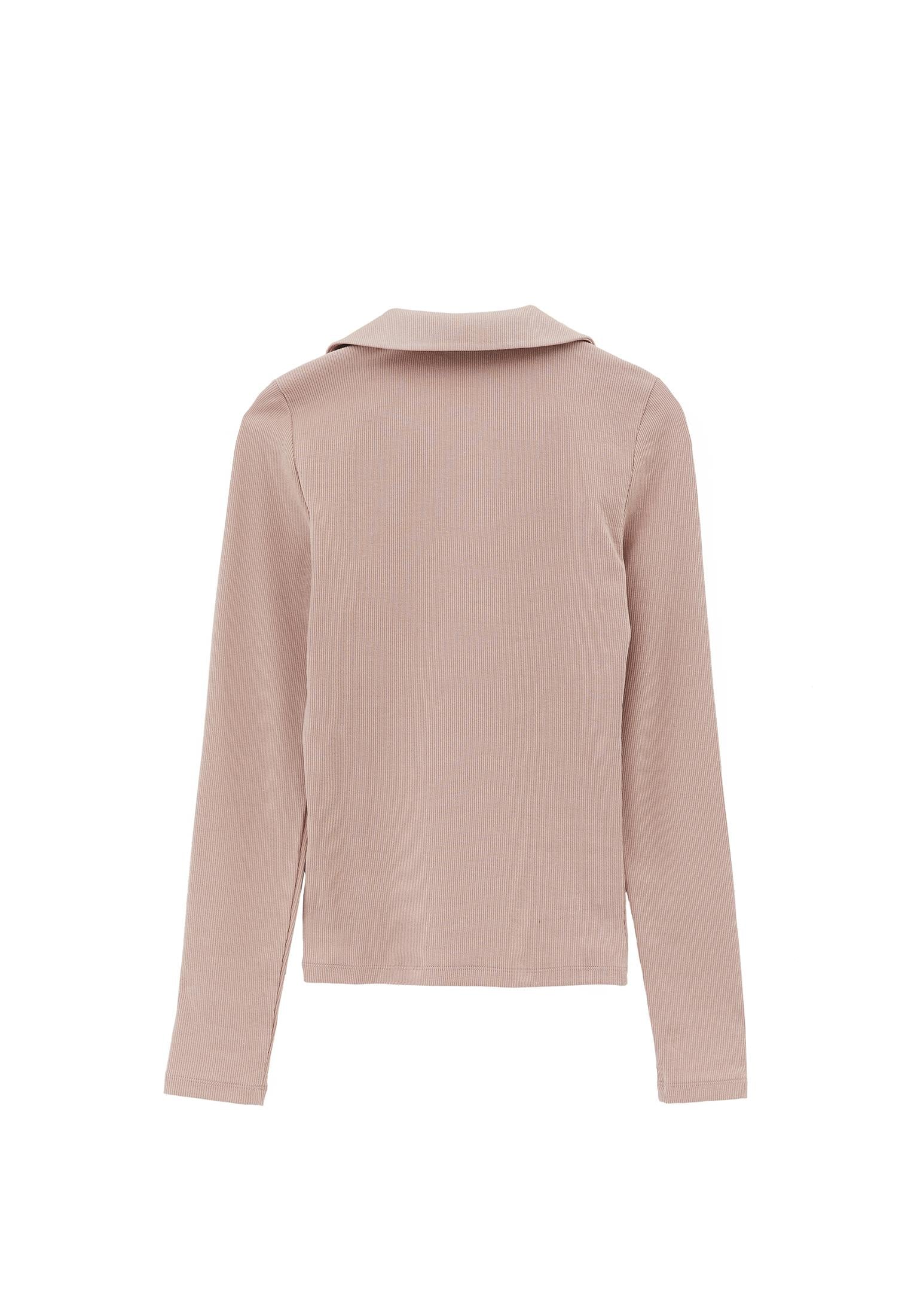 Polo Collar Long Sleeve Bodycon T-Shirt - ADOBE ROSE