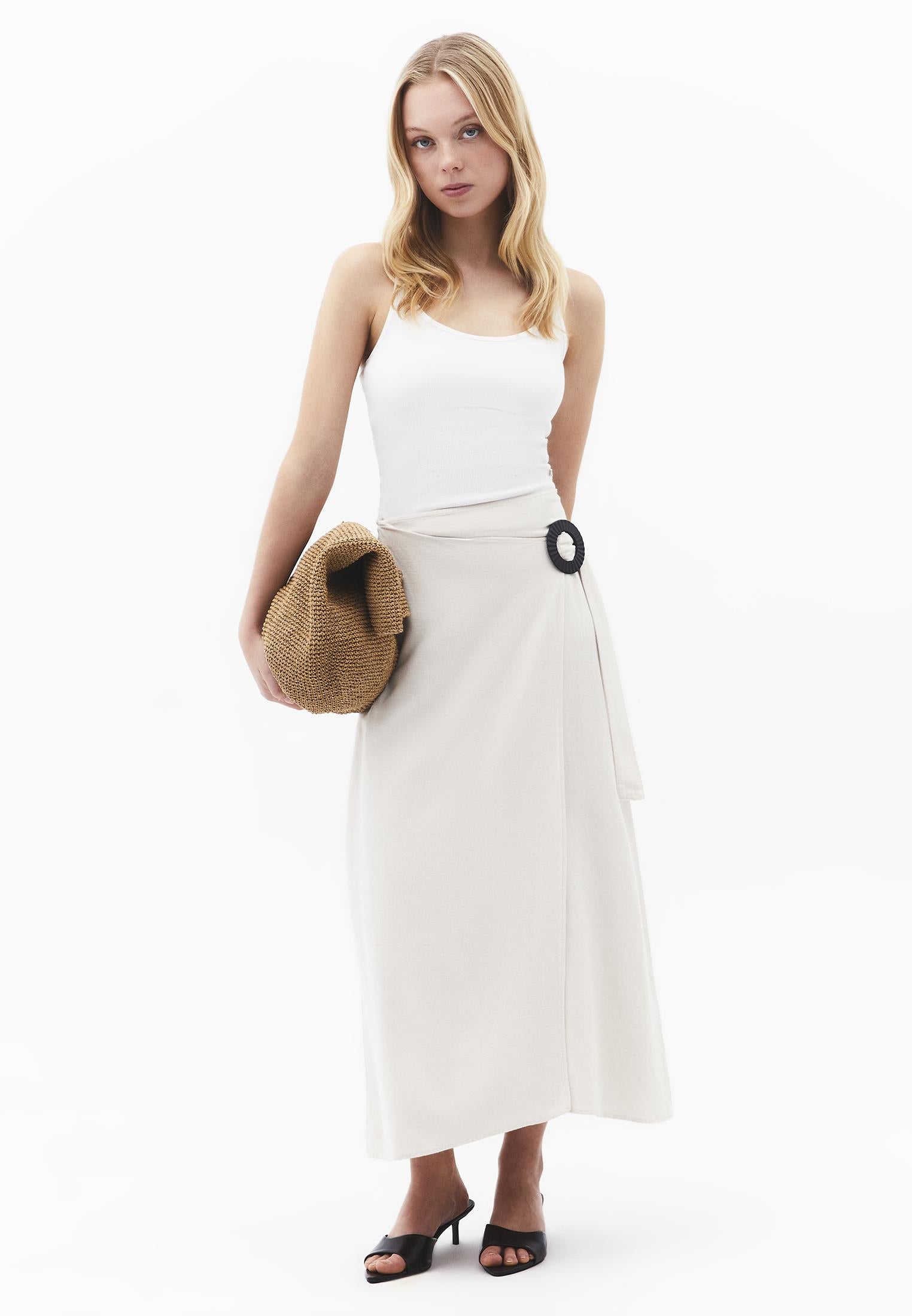 Long Belted A-Line Skirt - ALMOND MILK