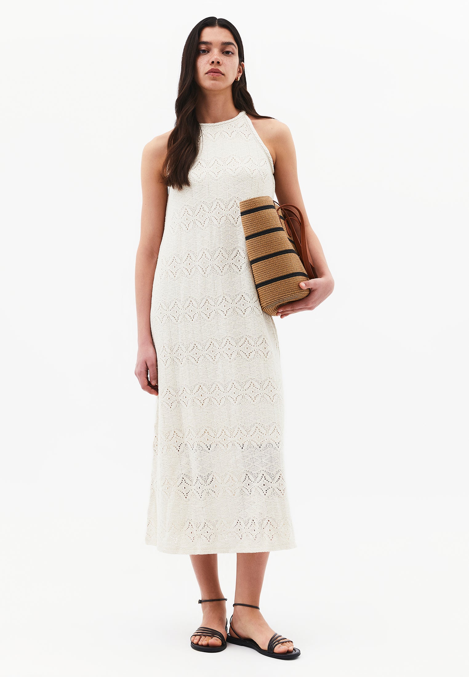 Long Sleeveless Eyelet Jumpsuit - ALMOND MILK