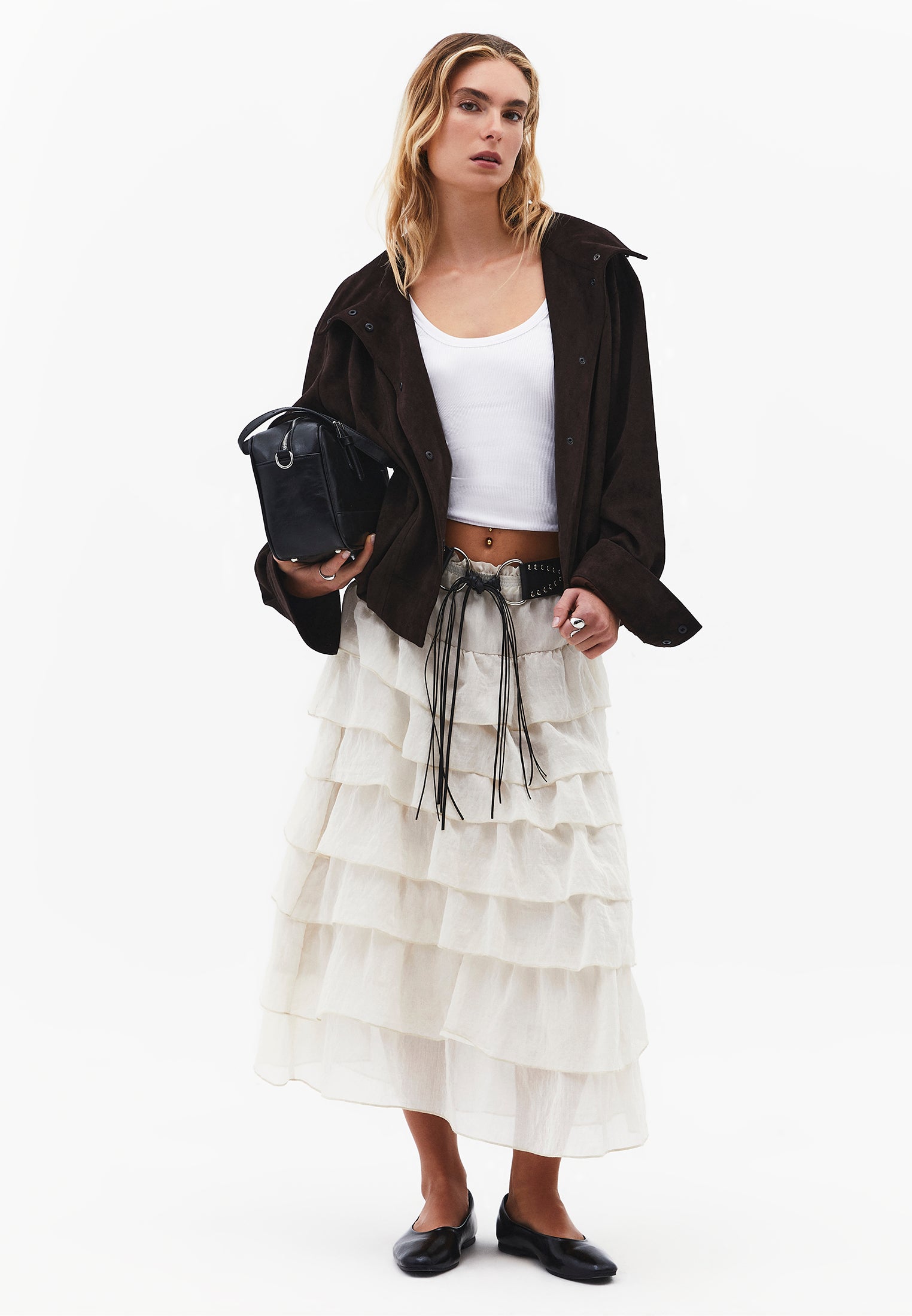 High Waist Long A-Line Ruffled Women's Skirt - ALMOND MILK