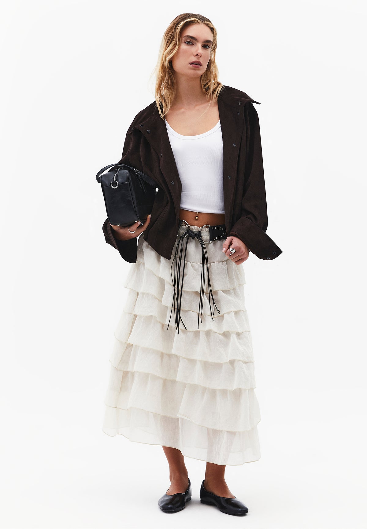 High Waist Long A-Line Ruffled Women's Skirt - ALMOND MILK