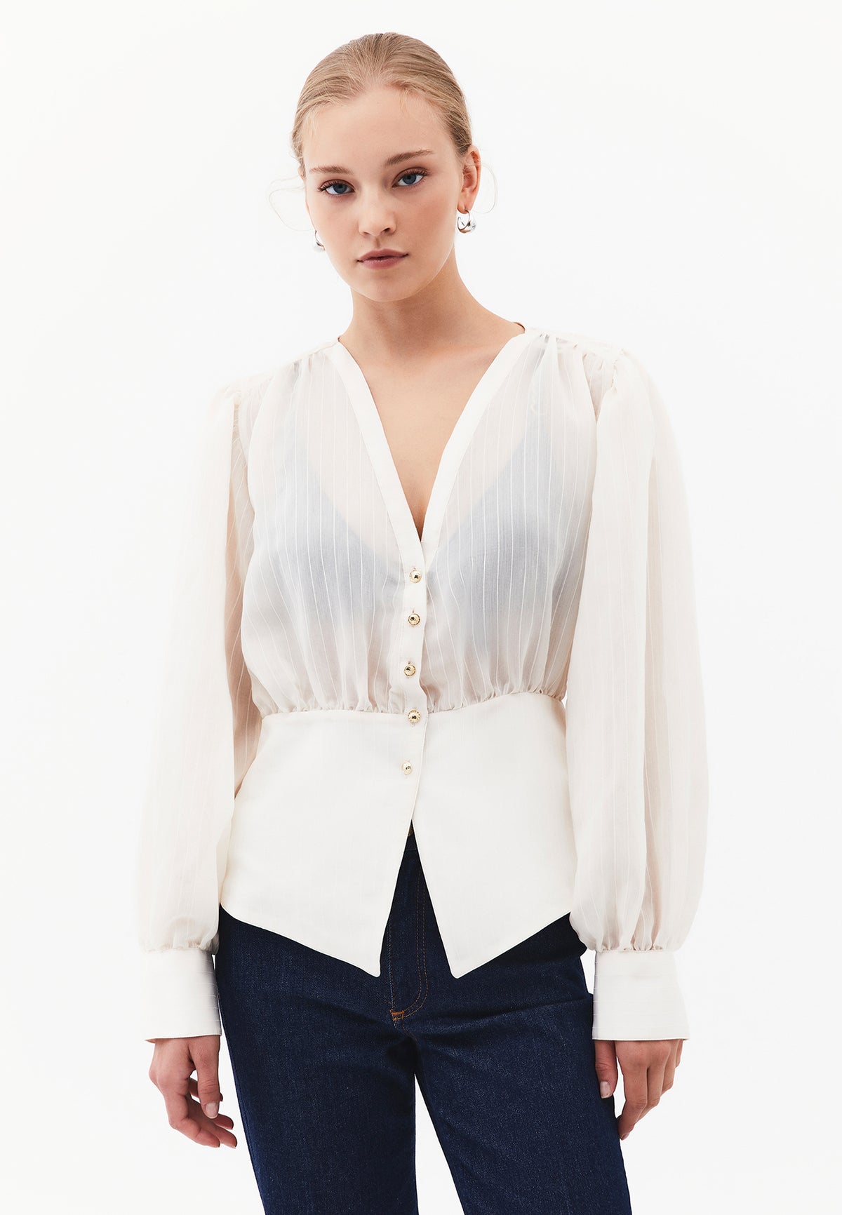 V-Neck Loose Fit Blouse - ALMOND MILK