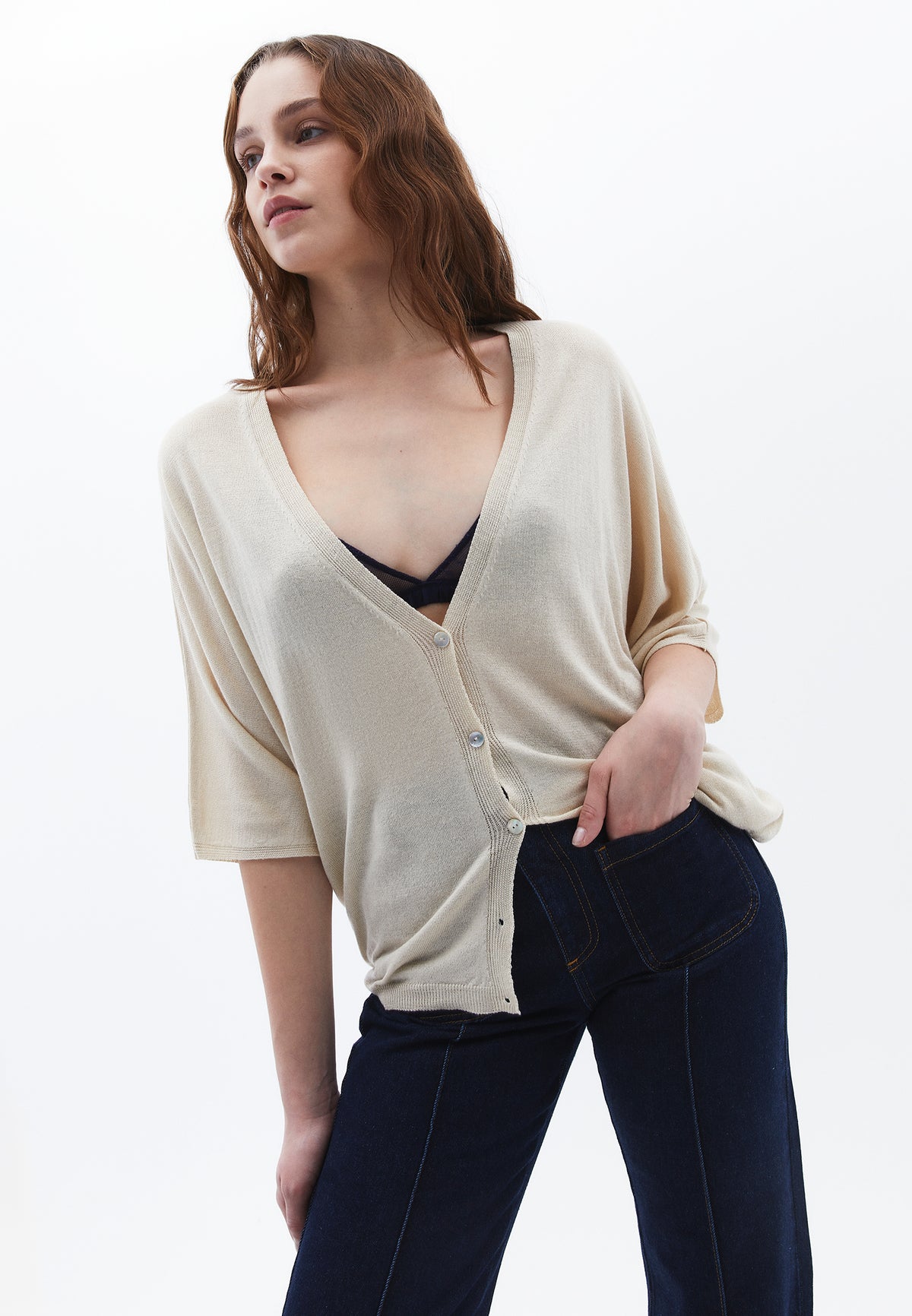 Tunic Cardigan Long Sleeve Batwing Sleeve - ALMOND MILK