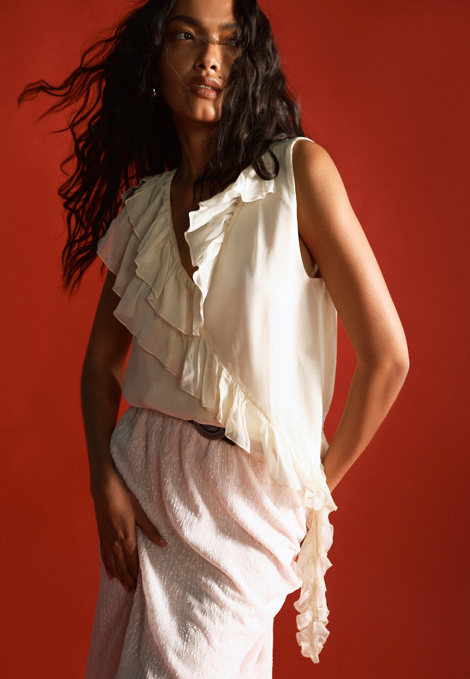 Ruffled Blouse With Embroidery Details - ALMOND MILK