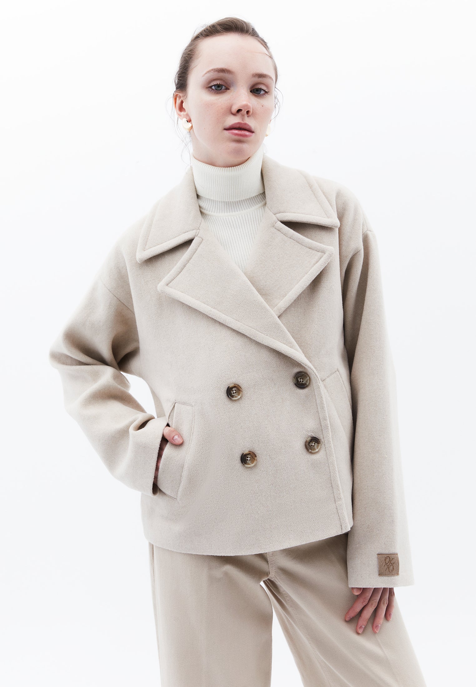 Double-Breasted Collar Oversize Standard Jacket - ALMOND MILK