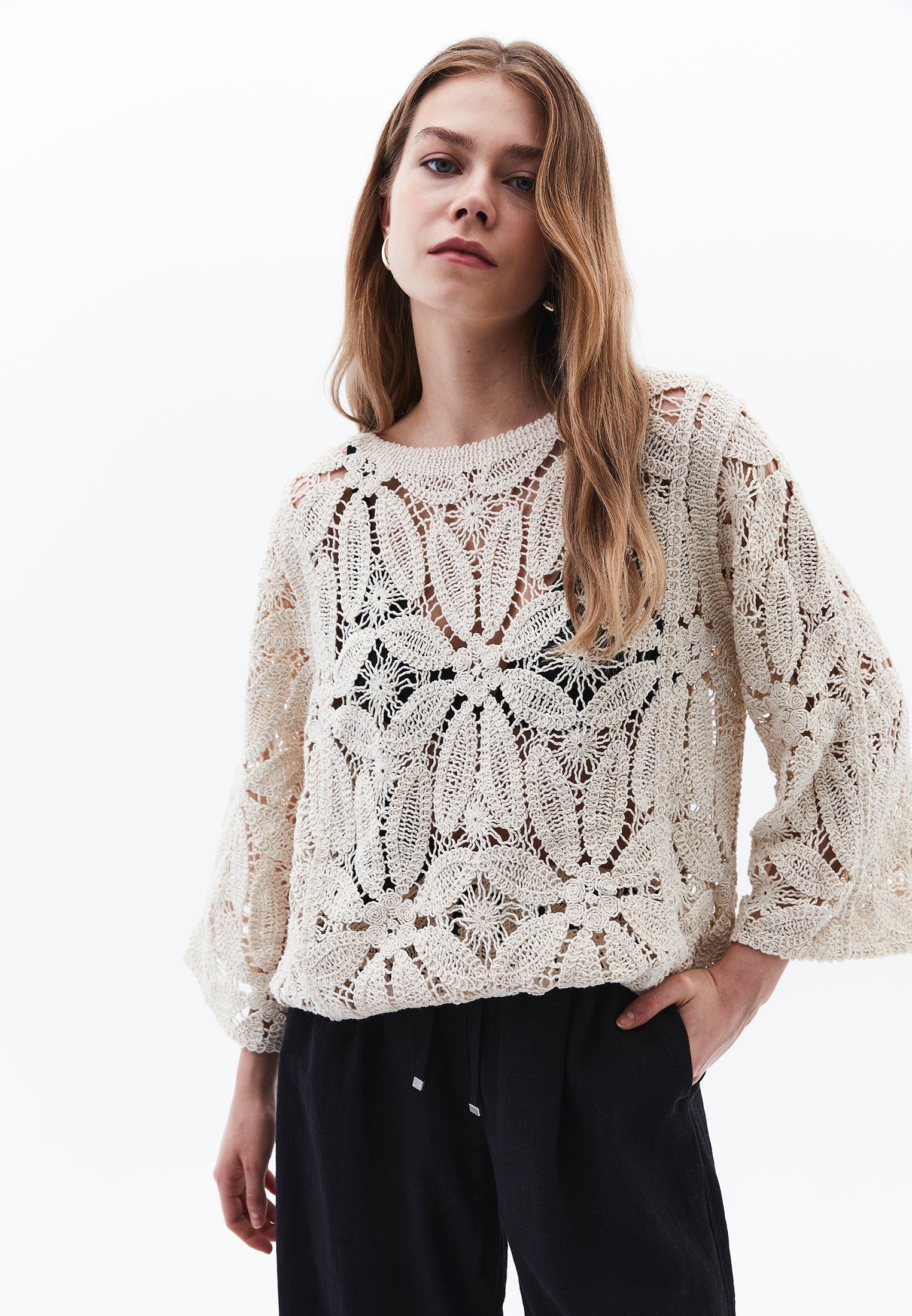 Blouse With Ajour Details - ALMOND MILK