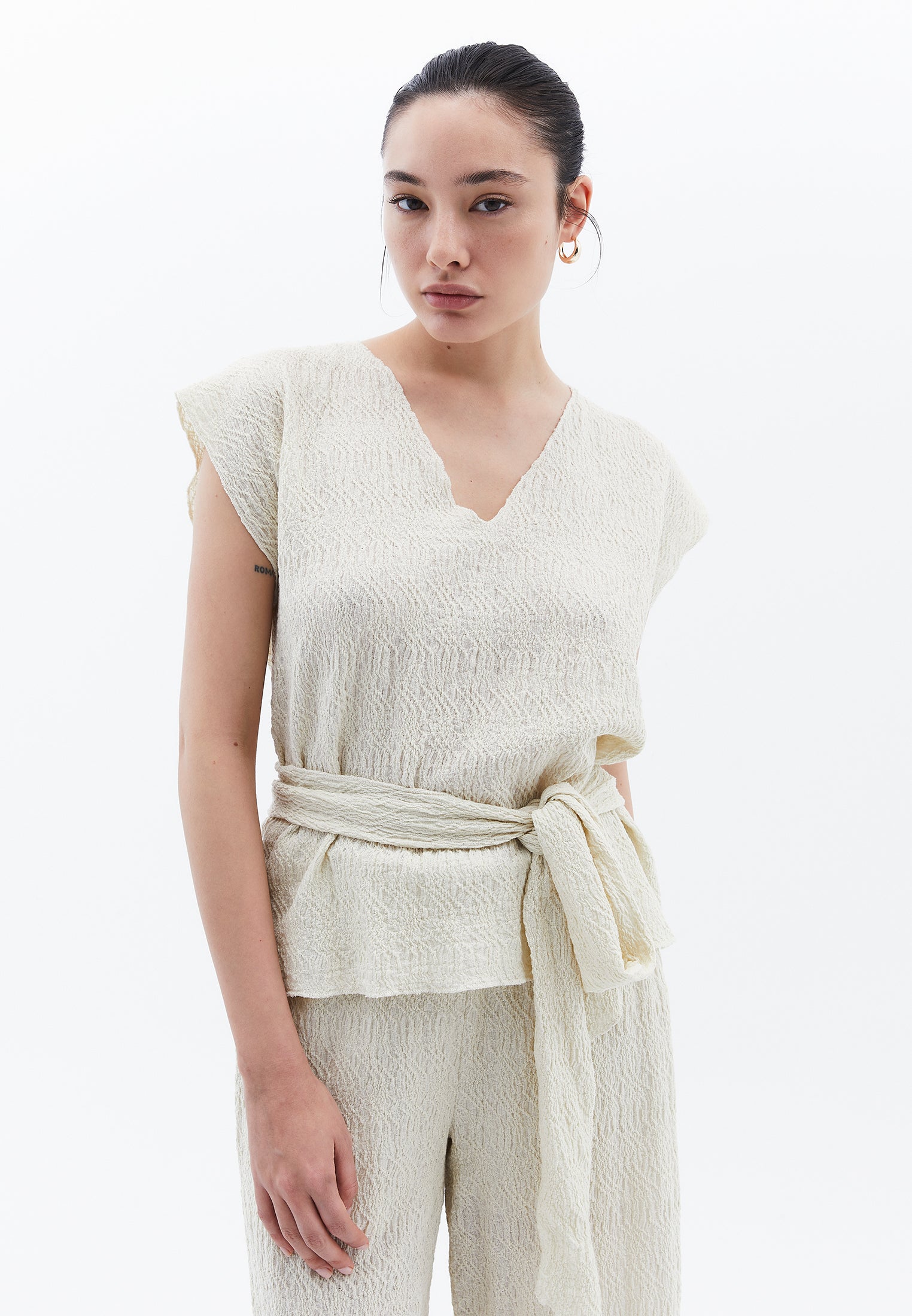 V Neck Loose Blouse - ALMOND MILK