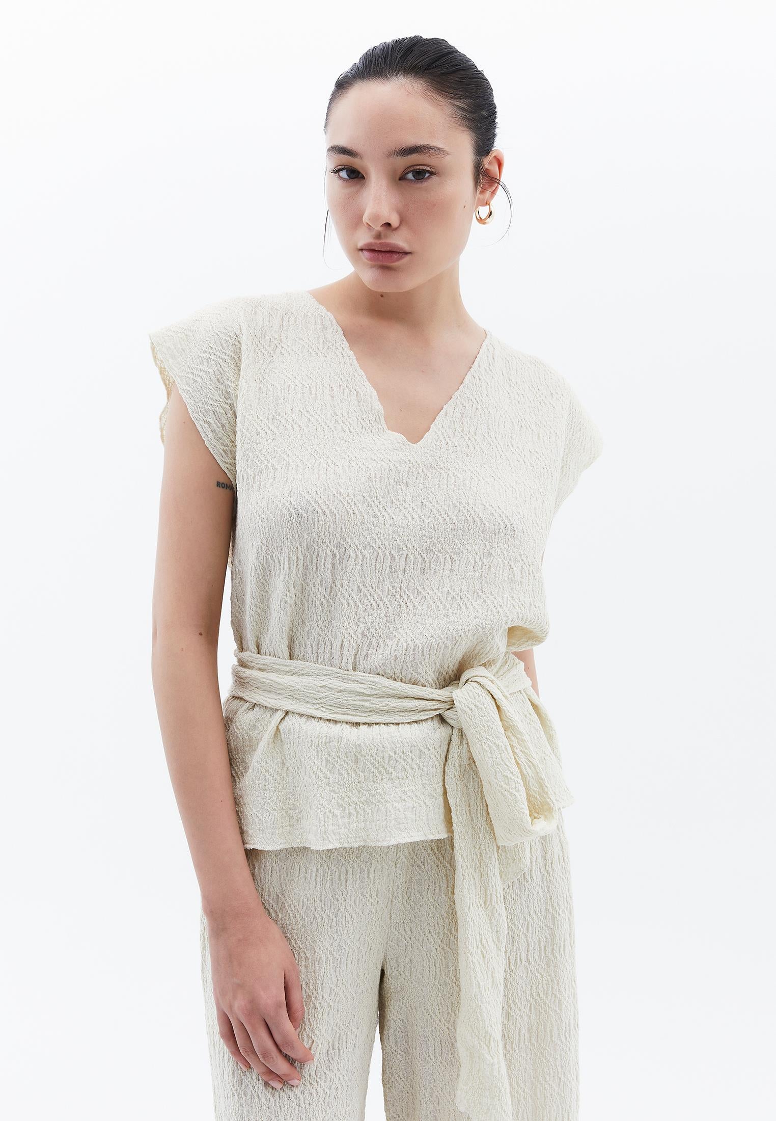 V Neck Loose Blouse - ALMOND MILK