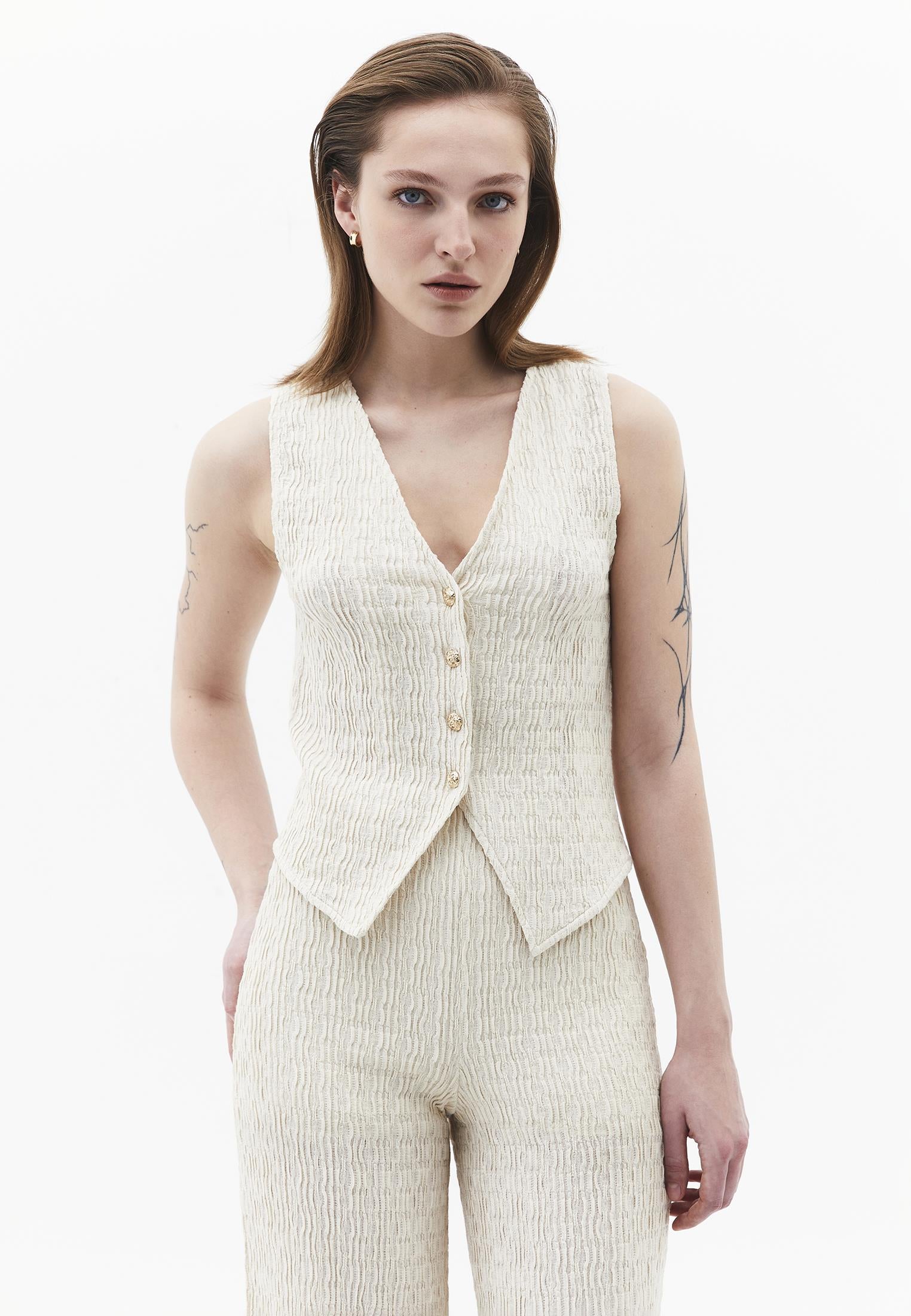 V Neck Closed Form Vest - ALMOND MILK