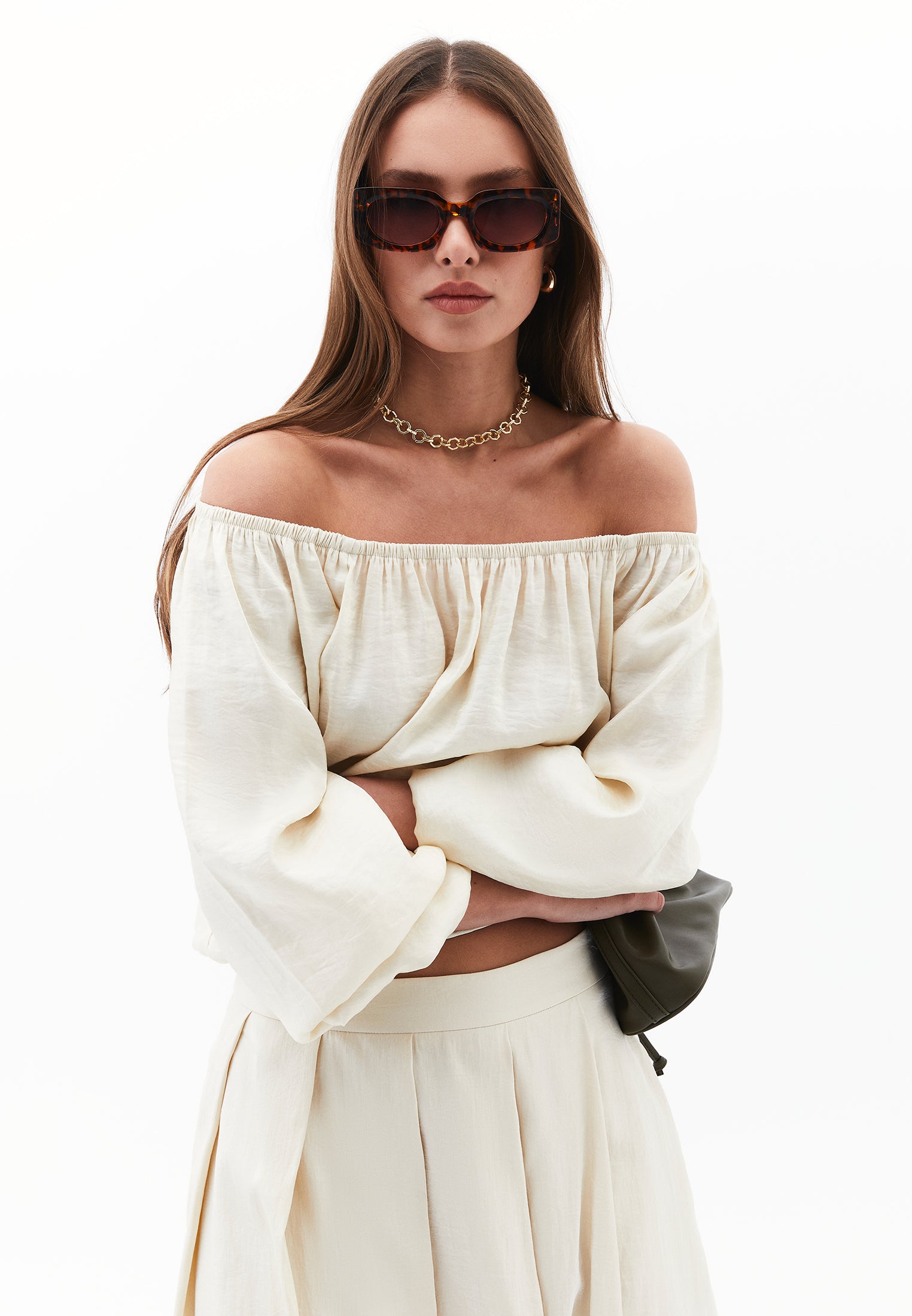 Off Shoulder Balloon Blouse - ALMOND MILK