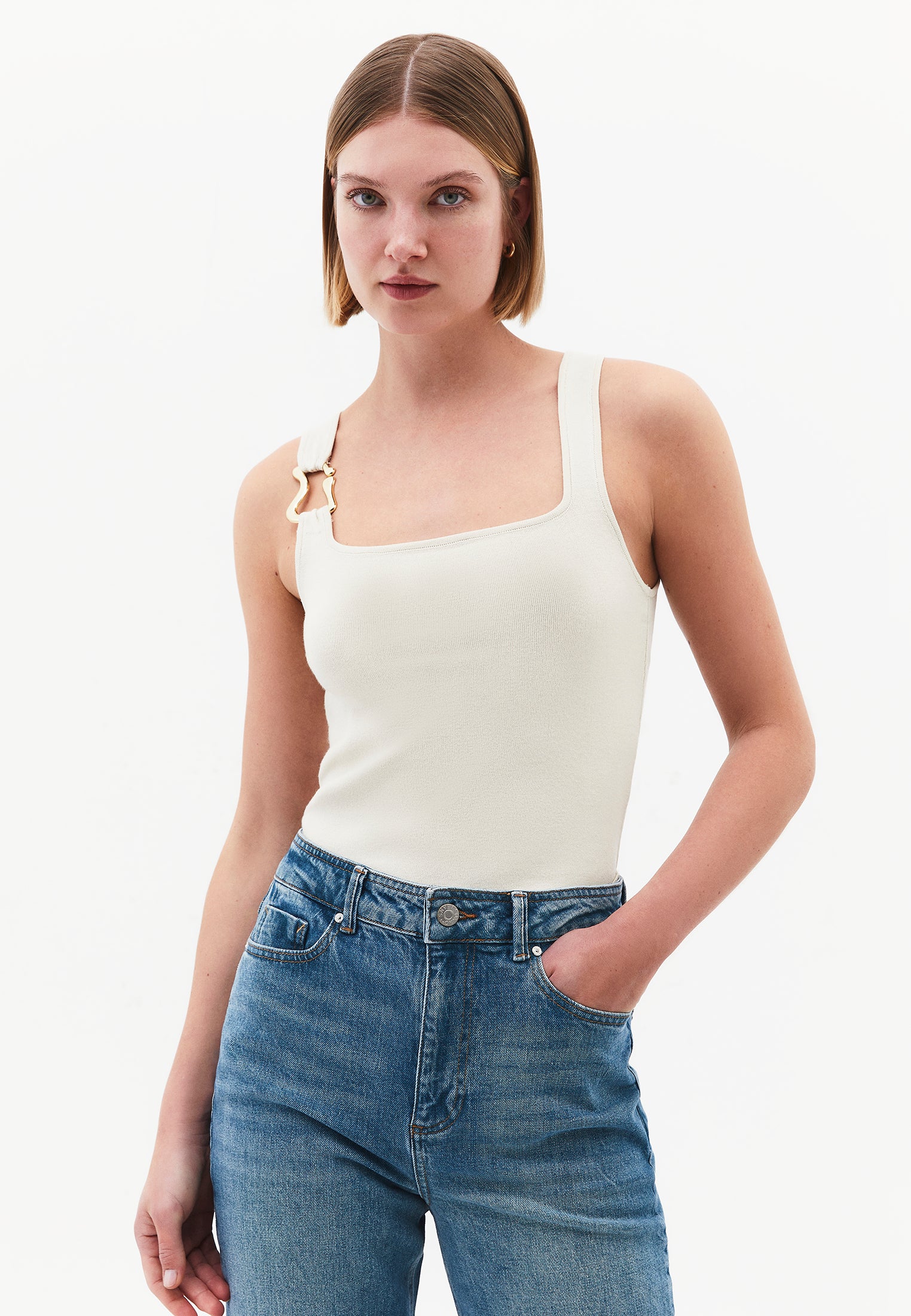 Square Neck Sleeveless Tank Top - ALMOND MILK