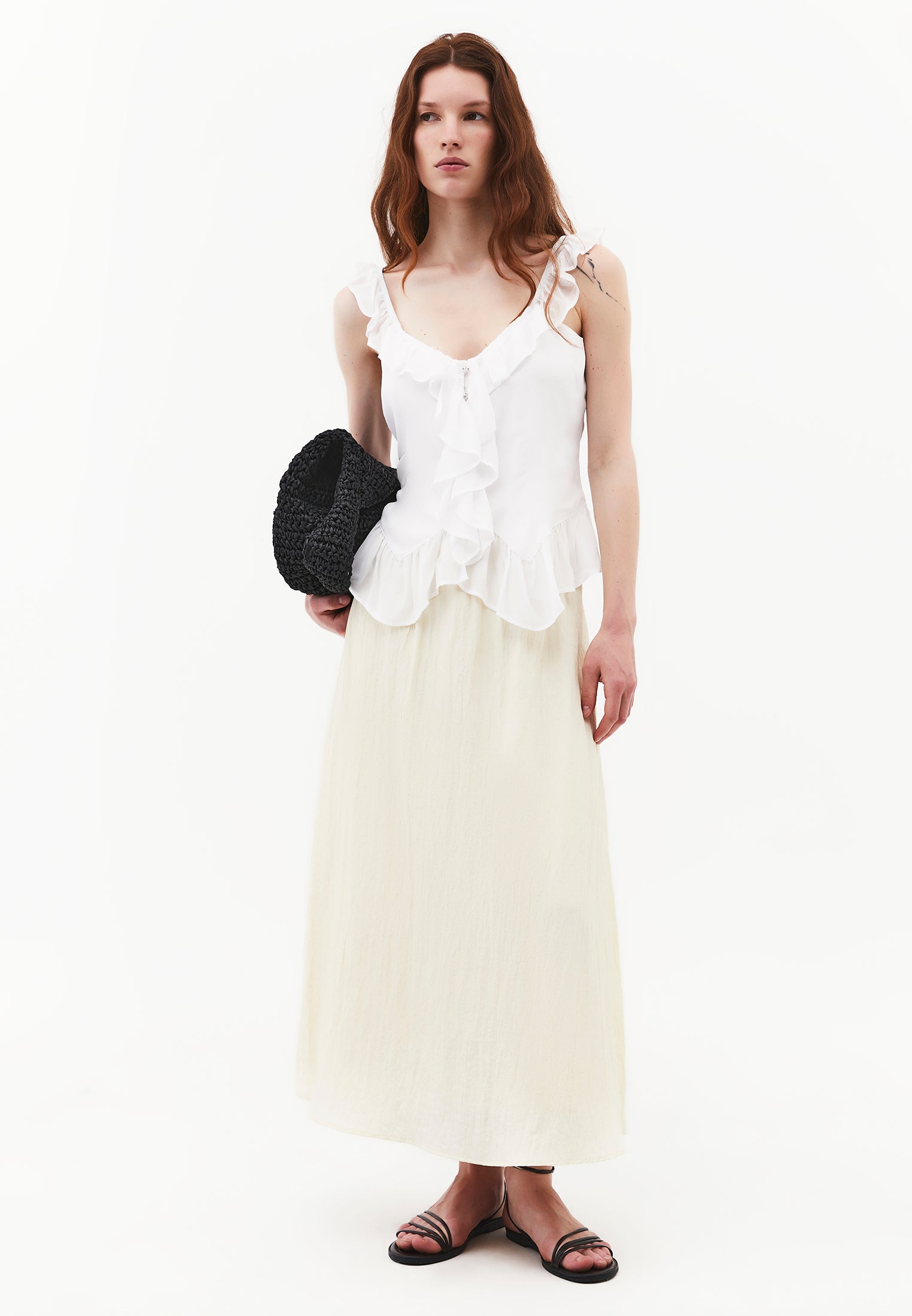 Flared Long High Waist Woven Skirt - ALMOND MILK