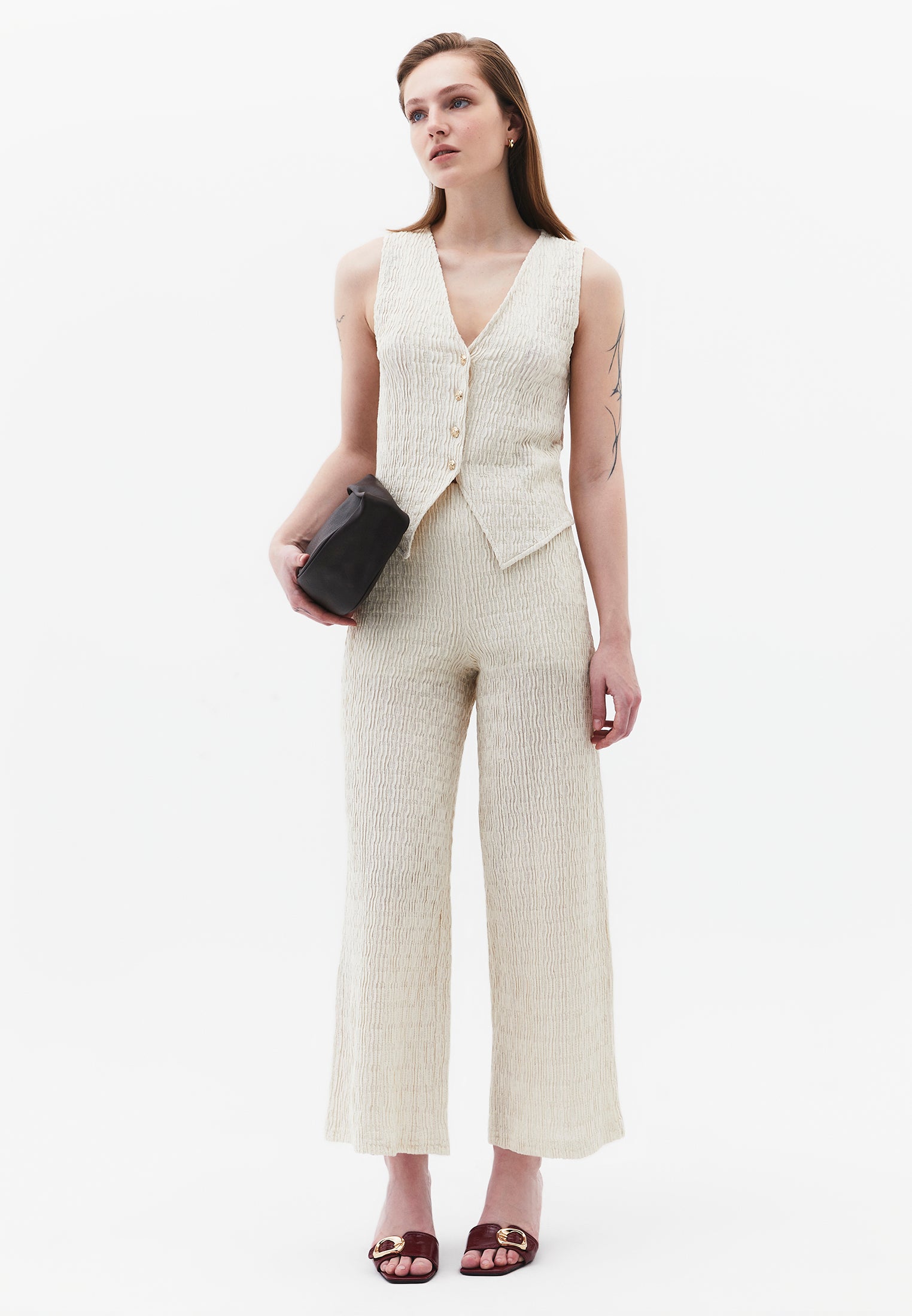 Wide Leg Midi Culotte Pants - ALMOND MILK