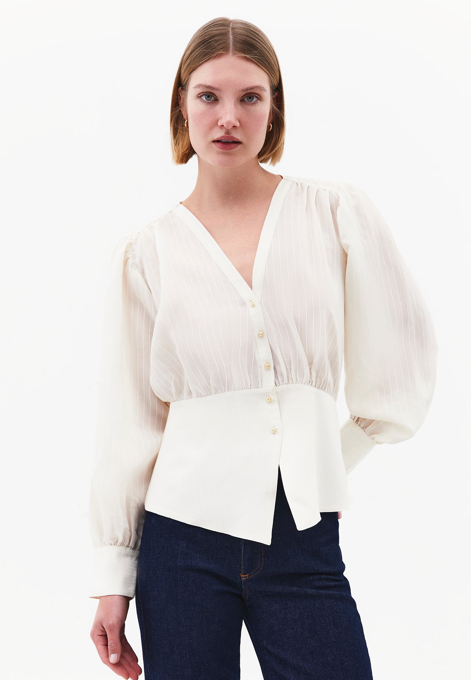 Ruched V-Neck Long Sleeve Blouse - ALMOND MILK