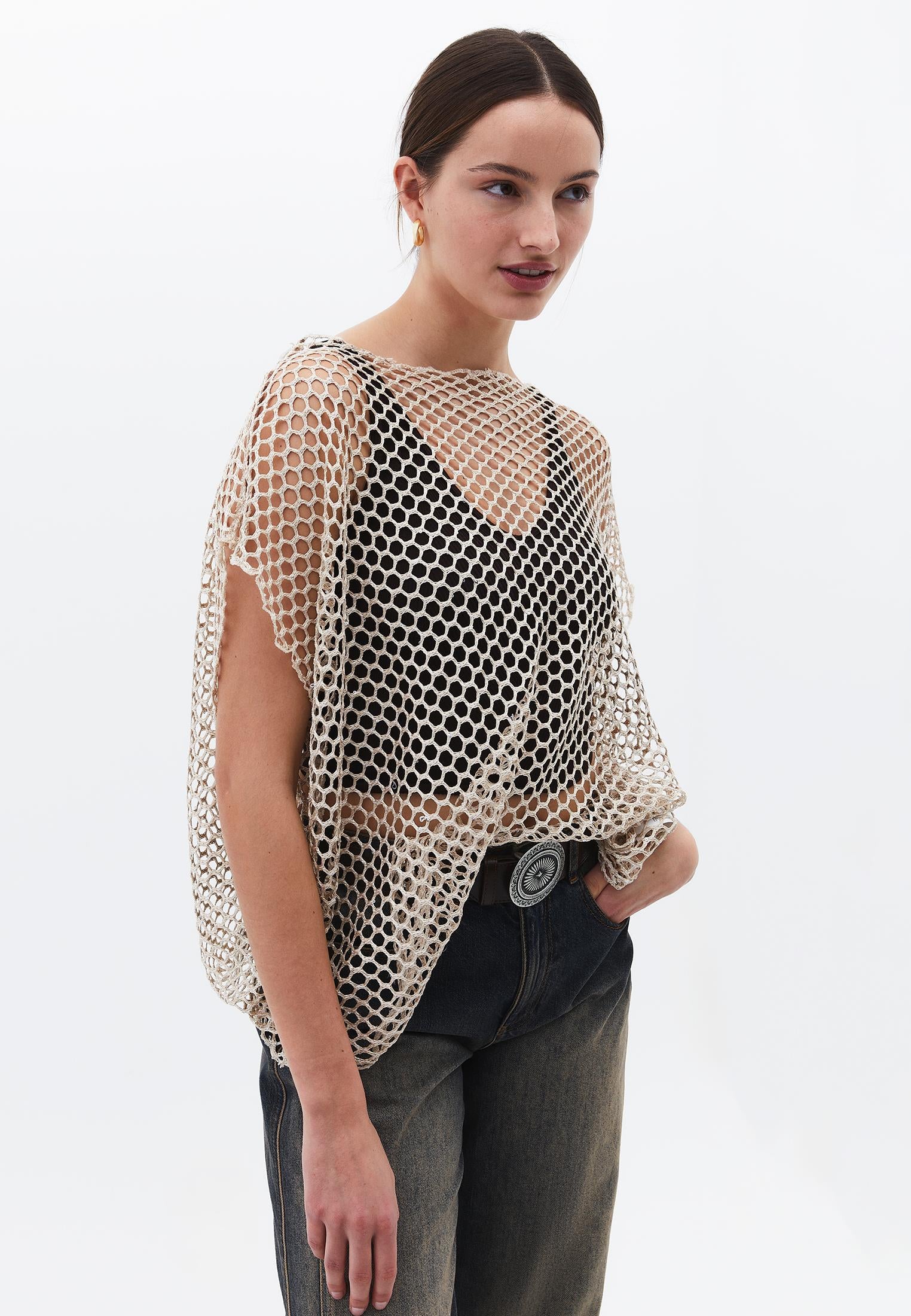 Oversize Tunic Blouse Boat Neck - ALMOND MILK