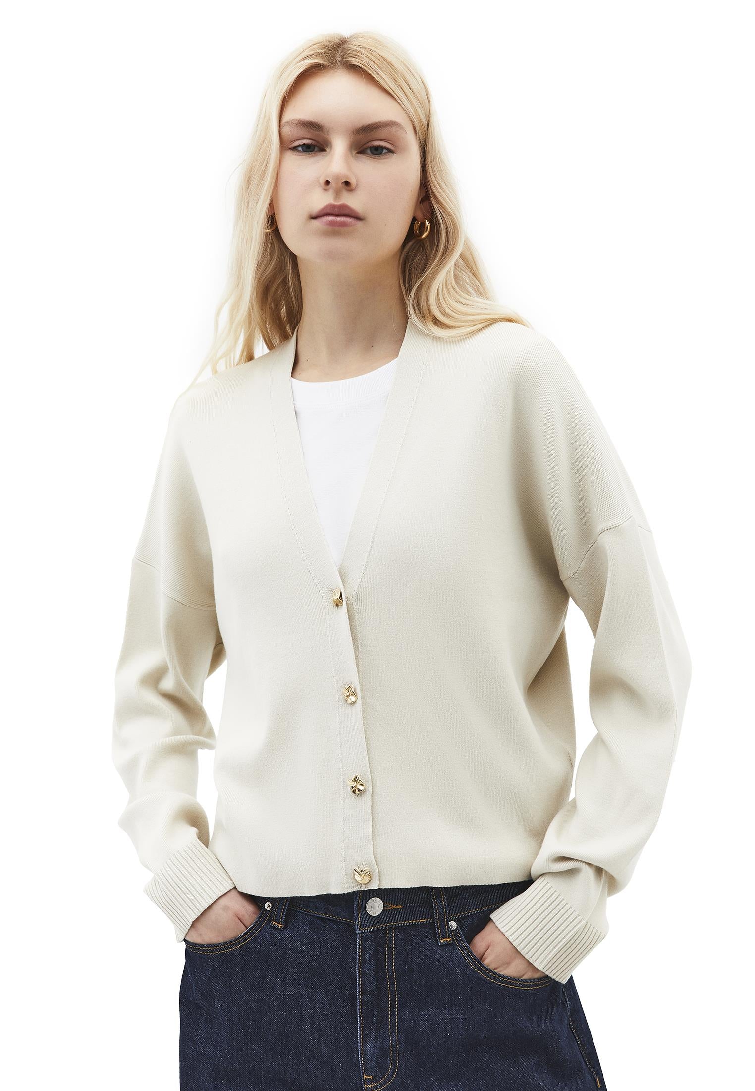 V Neck Loose Knit Cardigan - ALMOND MILK