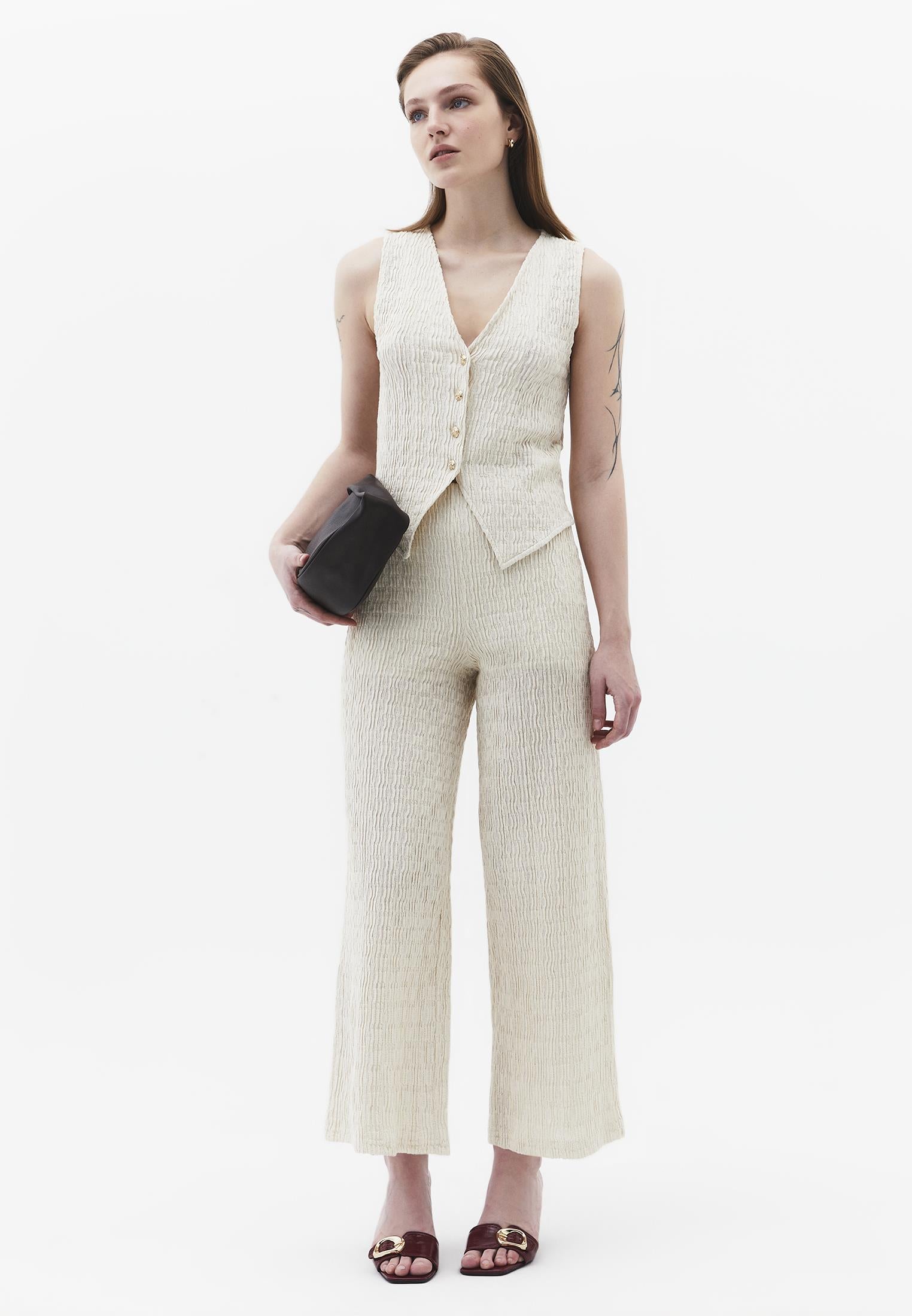 Wide Leg Midi Culotte Pants - ALMOND MILK
