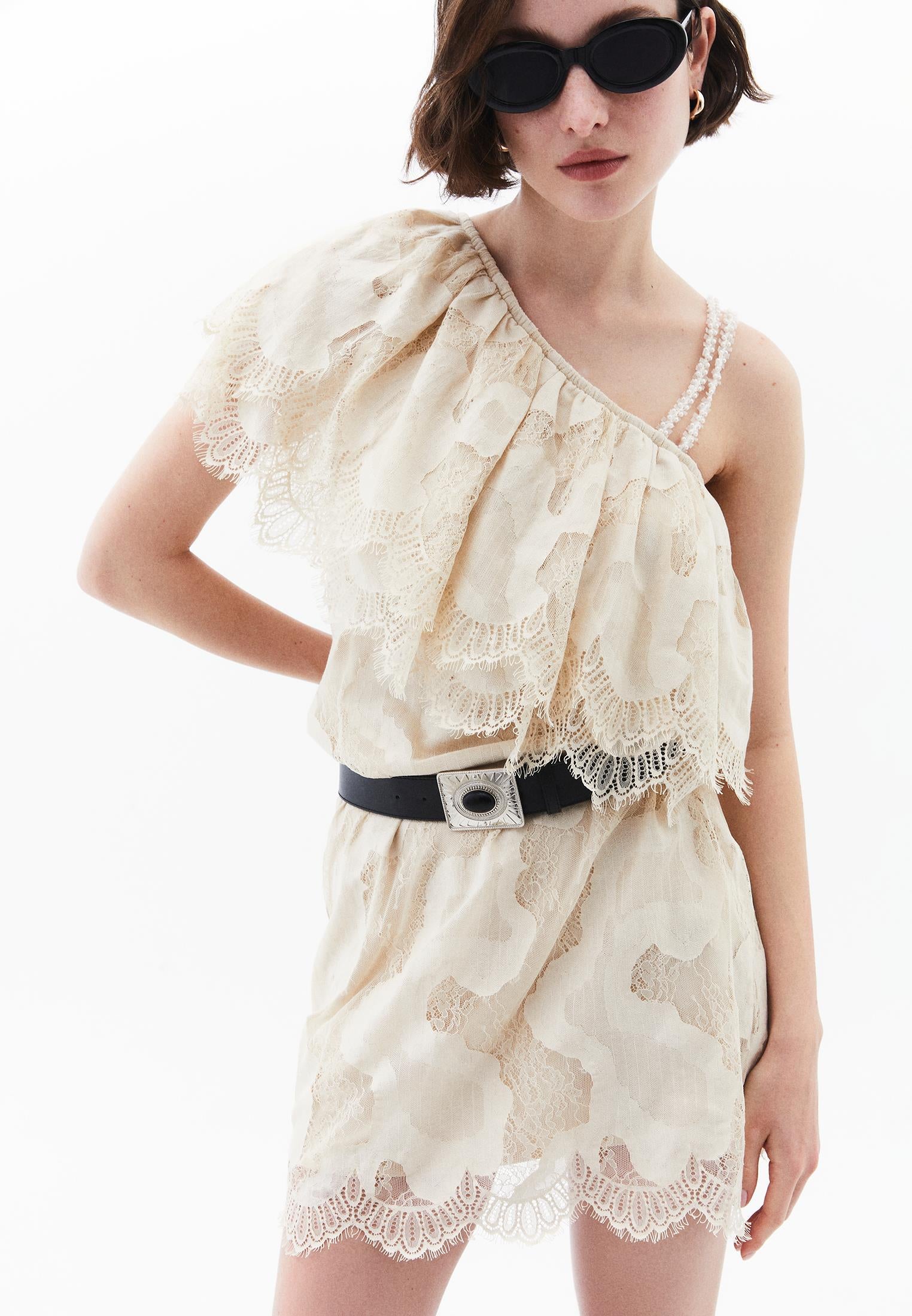 One Shoulder Ruffled Detail Short Dress - ALMOND MILK
