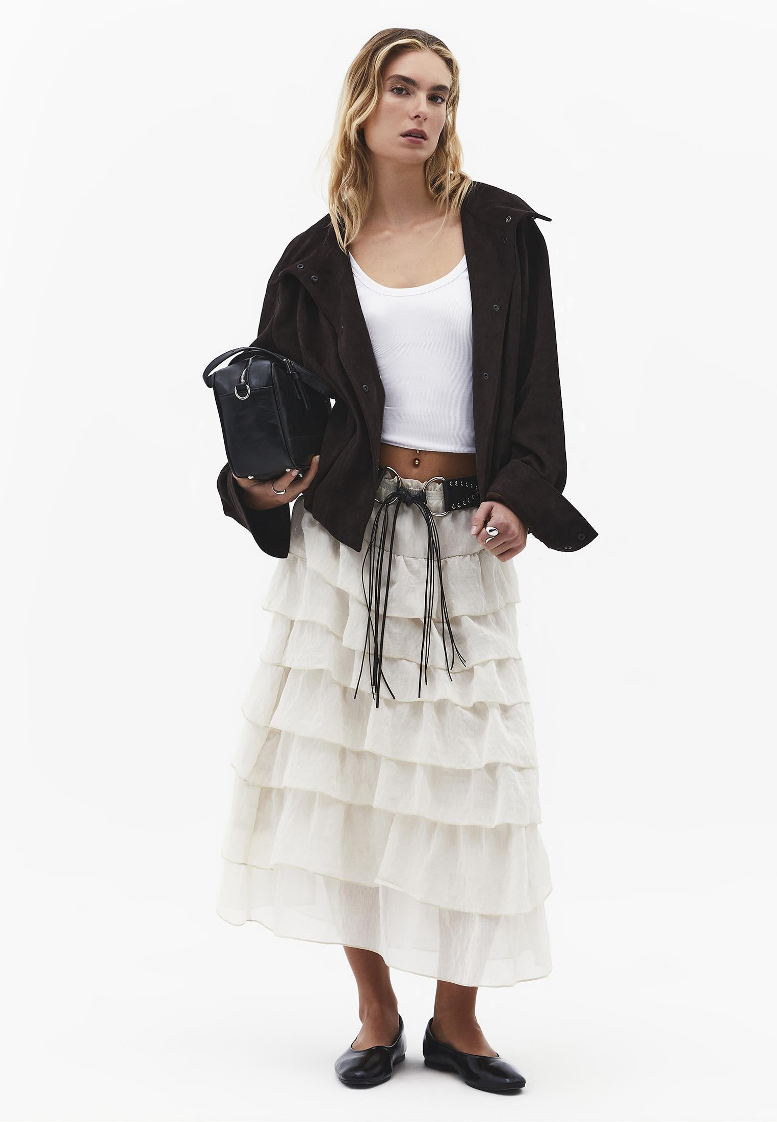 High Waist Long A-Line Ruffled Women's Skirt - ALMOND MILK