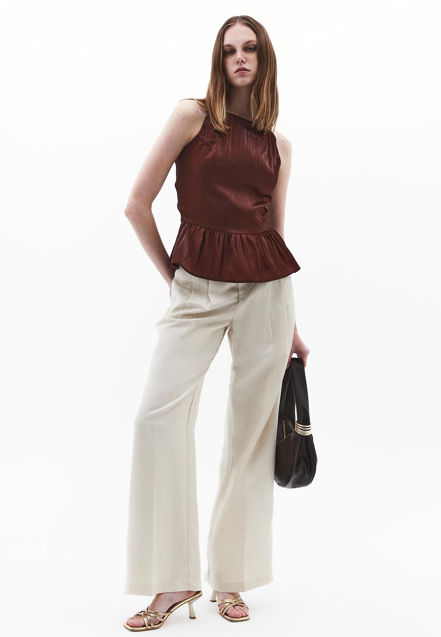 High Waist Wide Leg Pants - ALMOND MILK