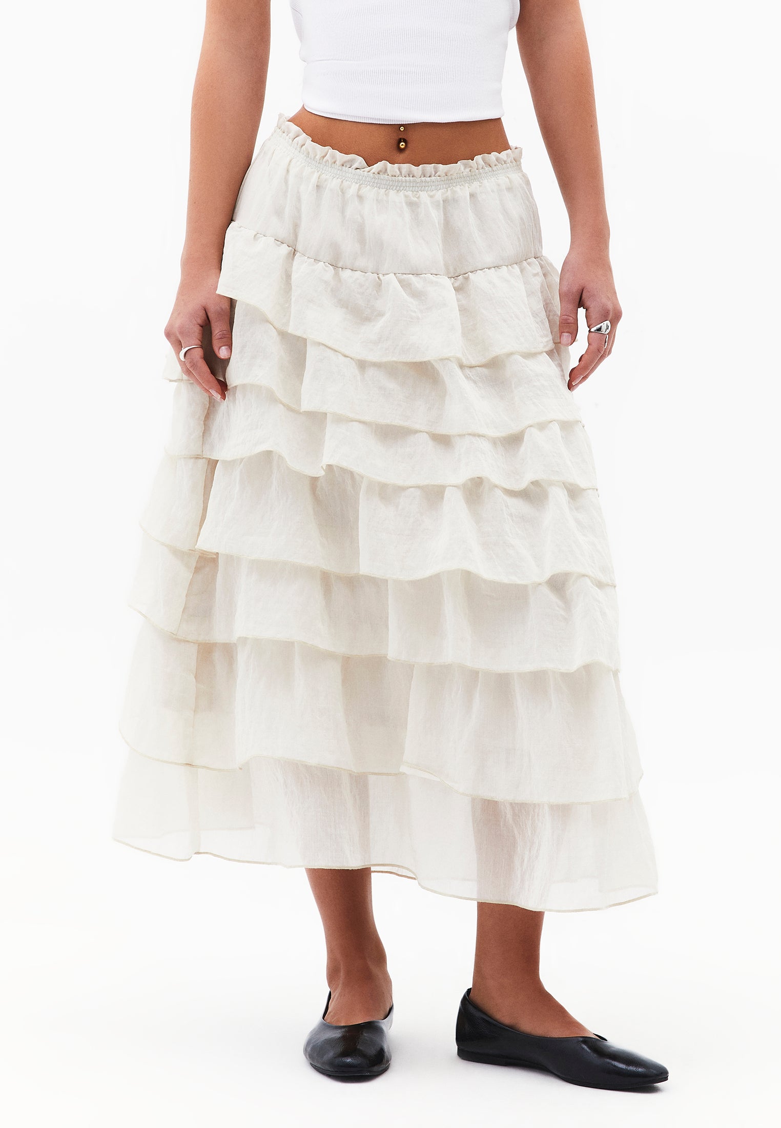 High Waist Long A-Line Ruffled Women's Skirt - ALMOND MILK