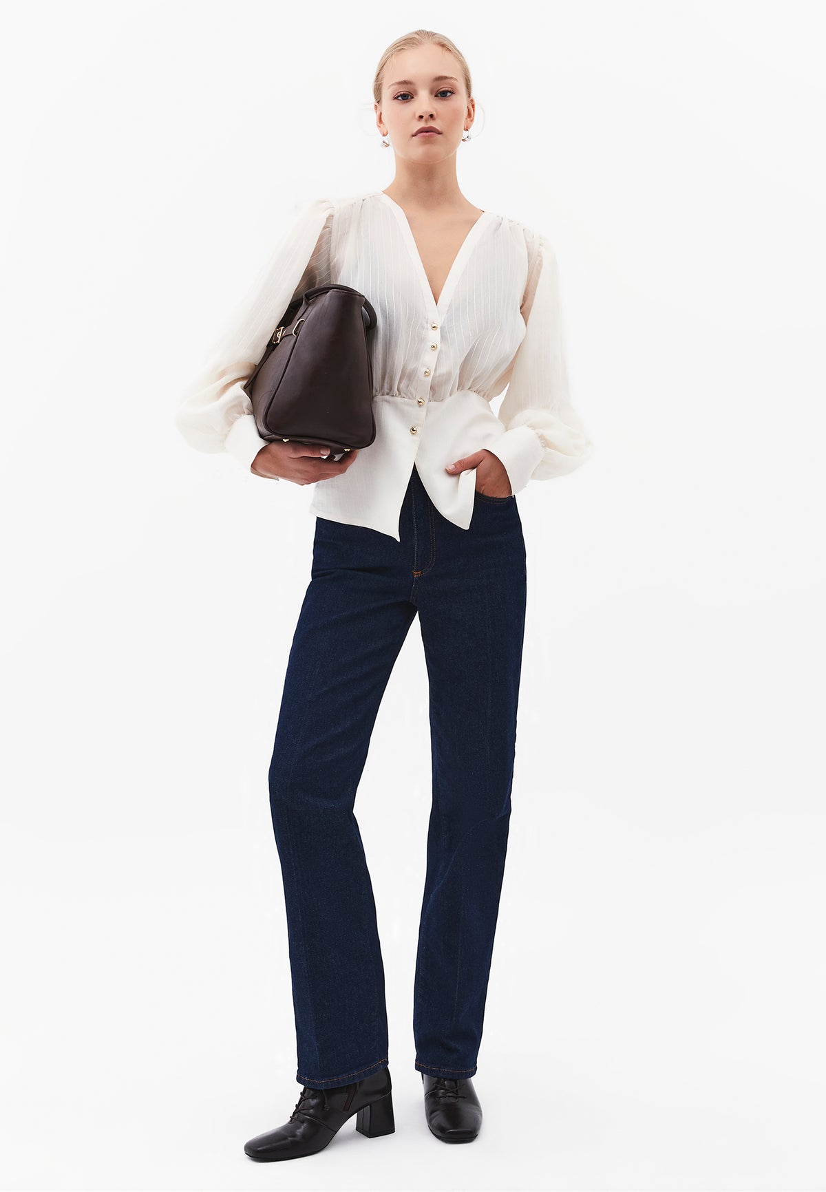 V-Neck Loose Fit Blouse - ALMOND MILK