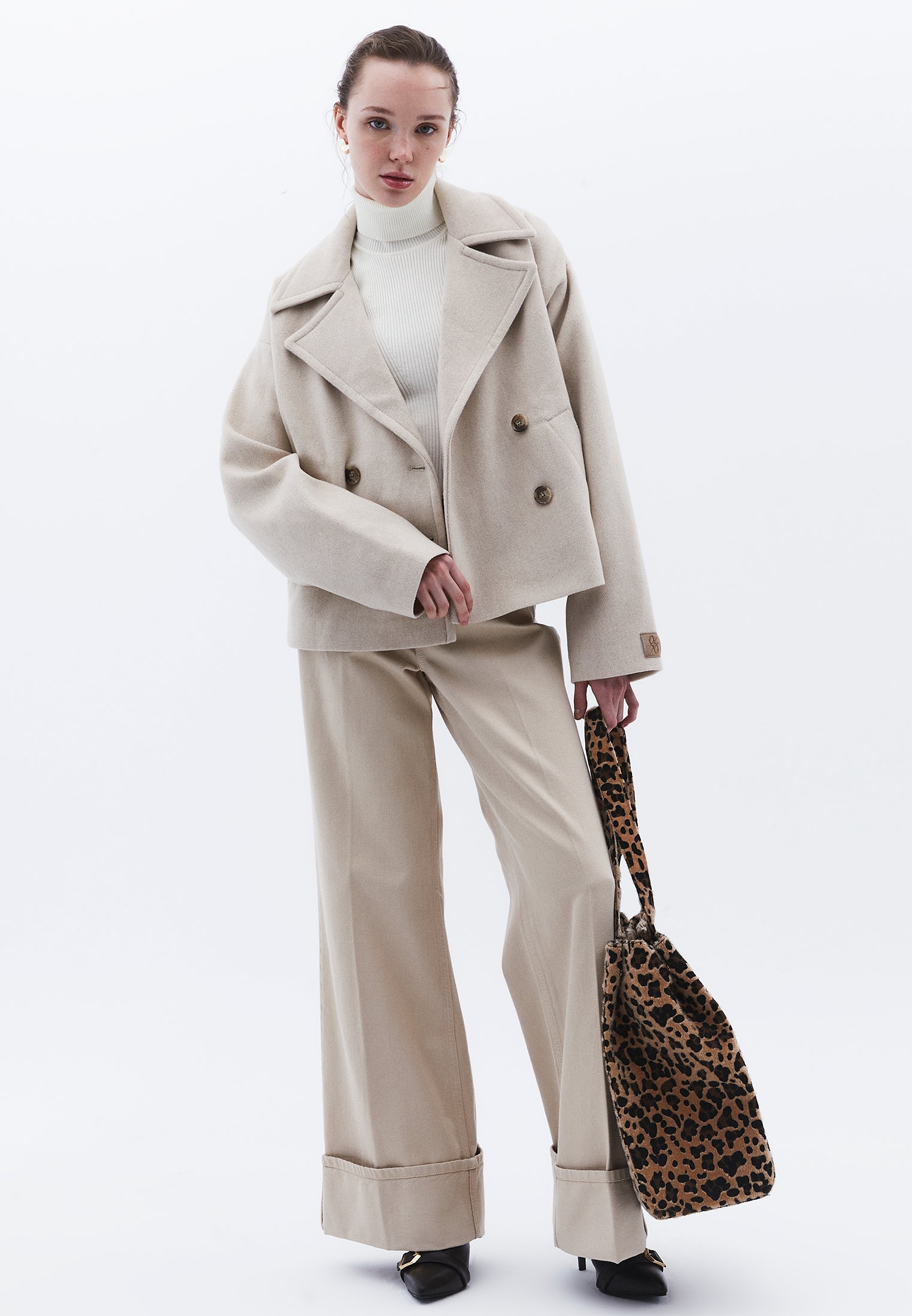 Double-Breasted Collar Oversize Standard Jacket - ALMOND MILK