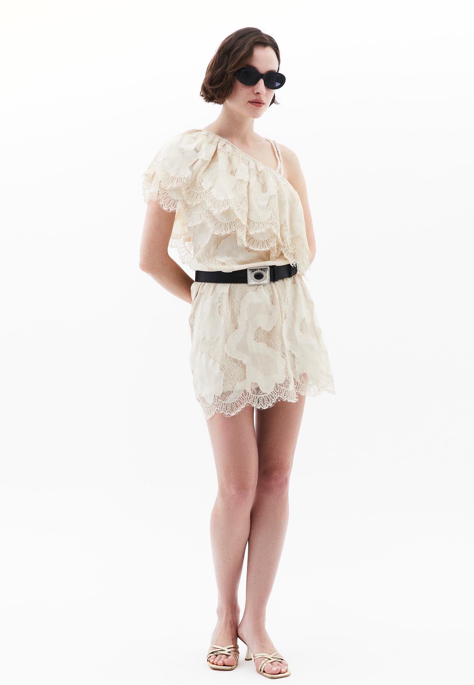One Shoulder Ruffled Detail Short Dress - ALMOND MILK
