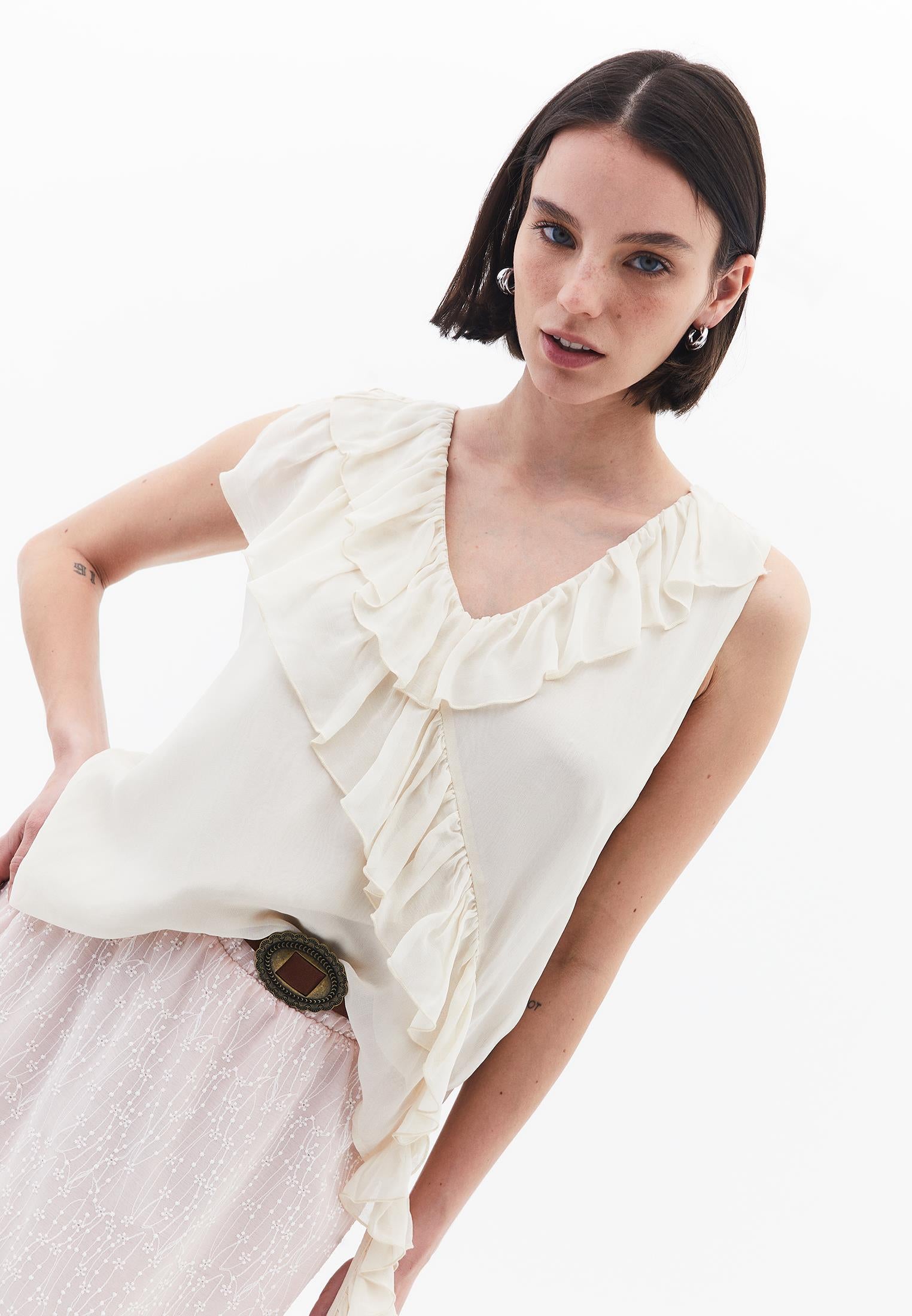 Ruffled Blouse With Embroidery Details - ALMOND MILK